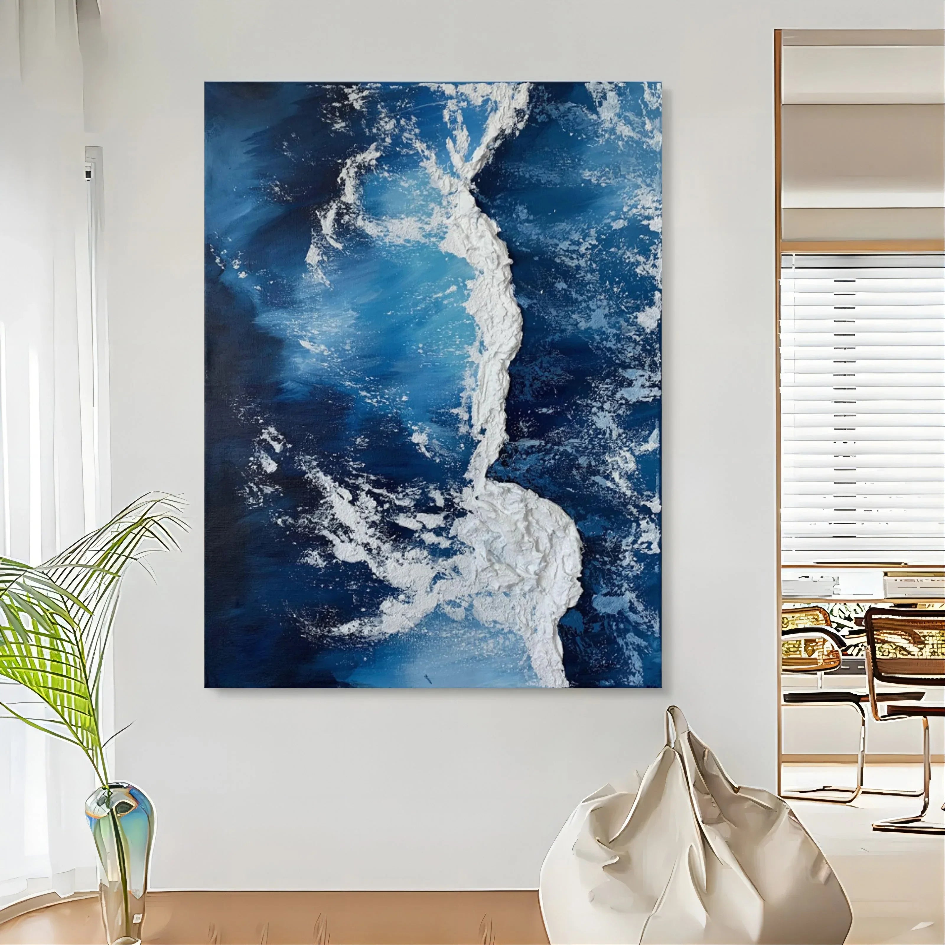 Azure Cascade Symphony-Deep Blue Stereoscopic Wave Abstract Wall Art - artextured