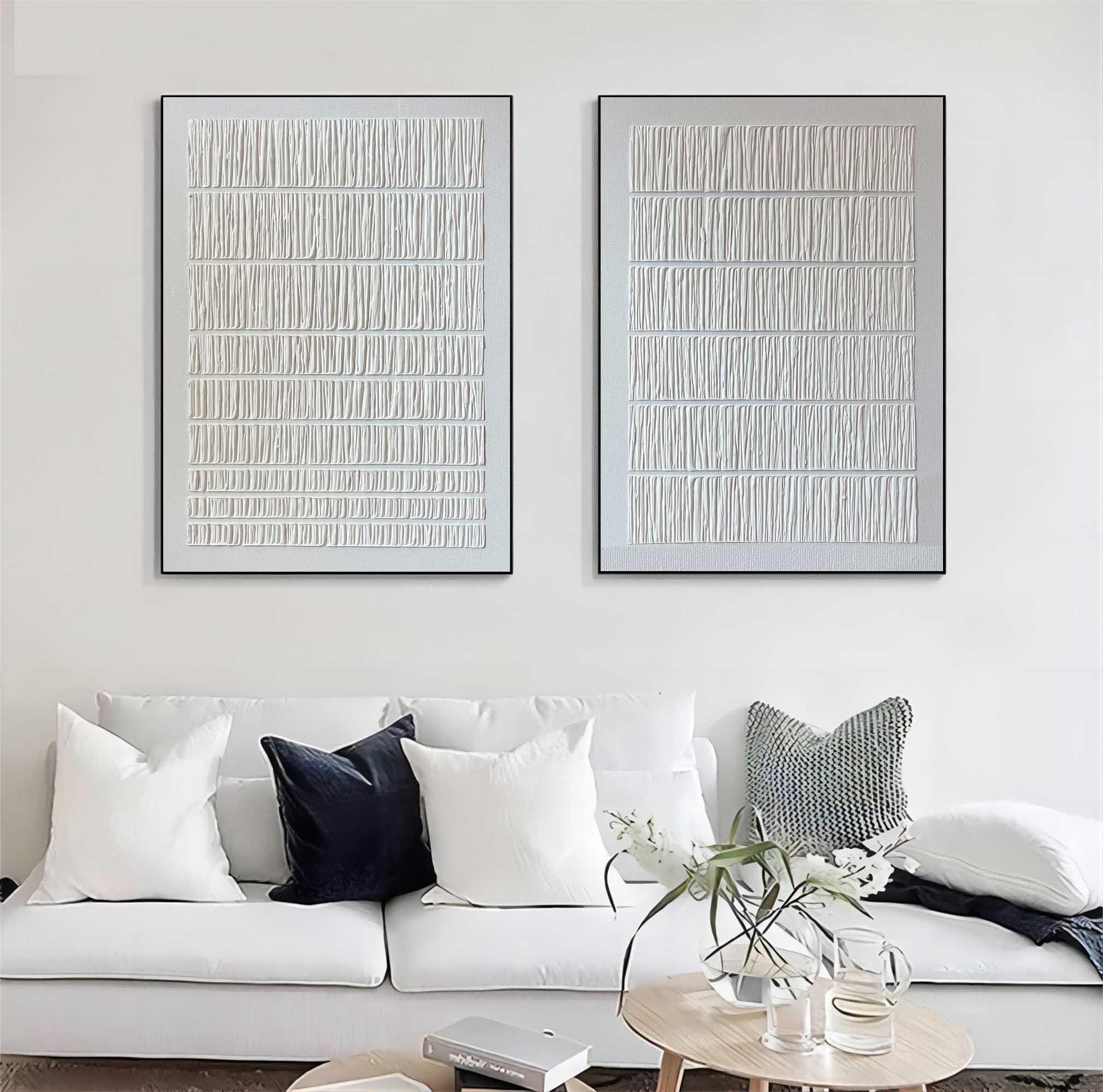 Linear Harmony Diptych Art Set Of 2-Pure White Minimalist Striped Abstract Wall Art - artextured