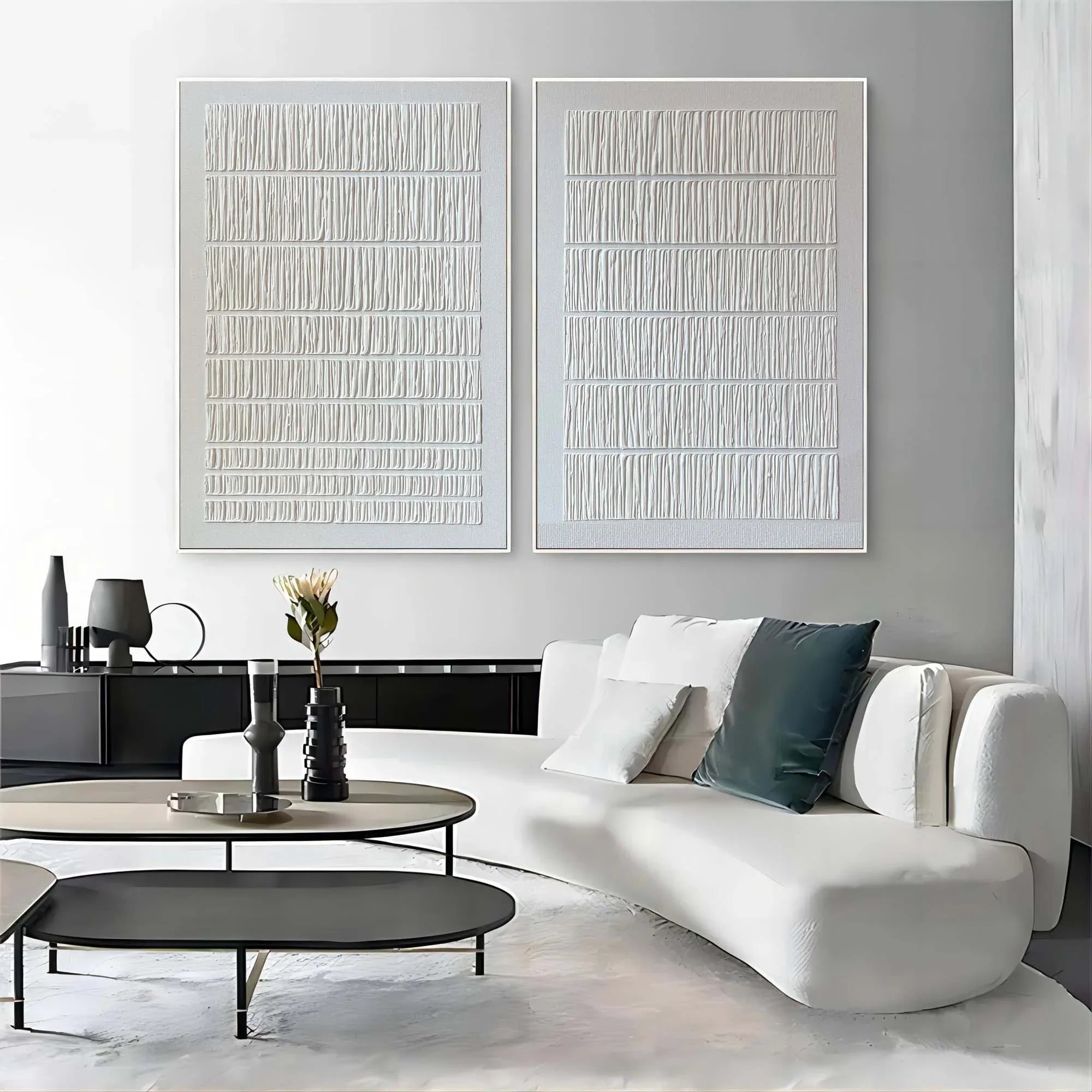 Linear Harmony Diptych Art Set Of 2-Pure White Minimalist Striped Abstract Wall Art - artextured