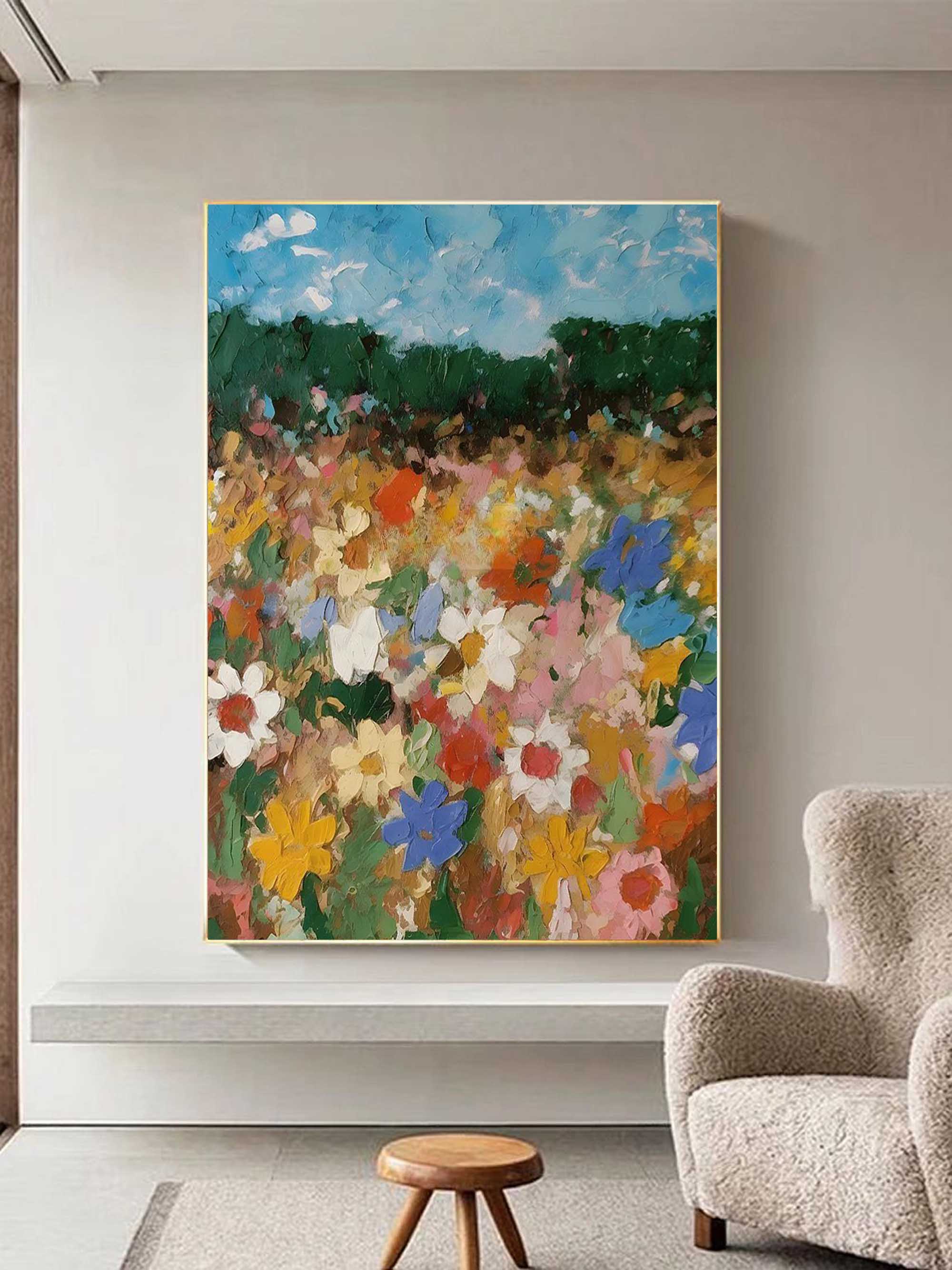 Abstract Floral Meadow Painting - Vibrant Wildflowers on Canvas
