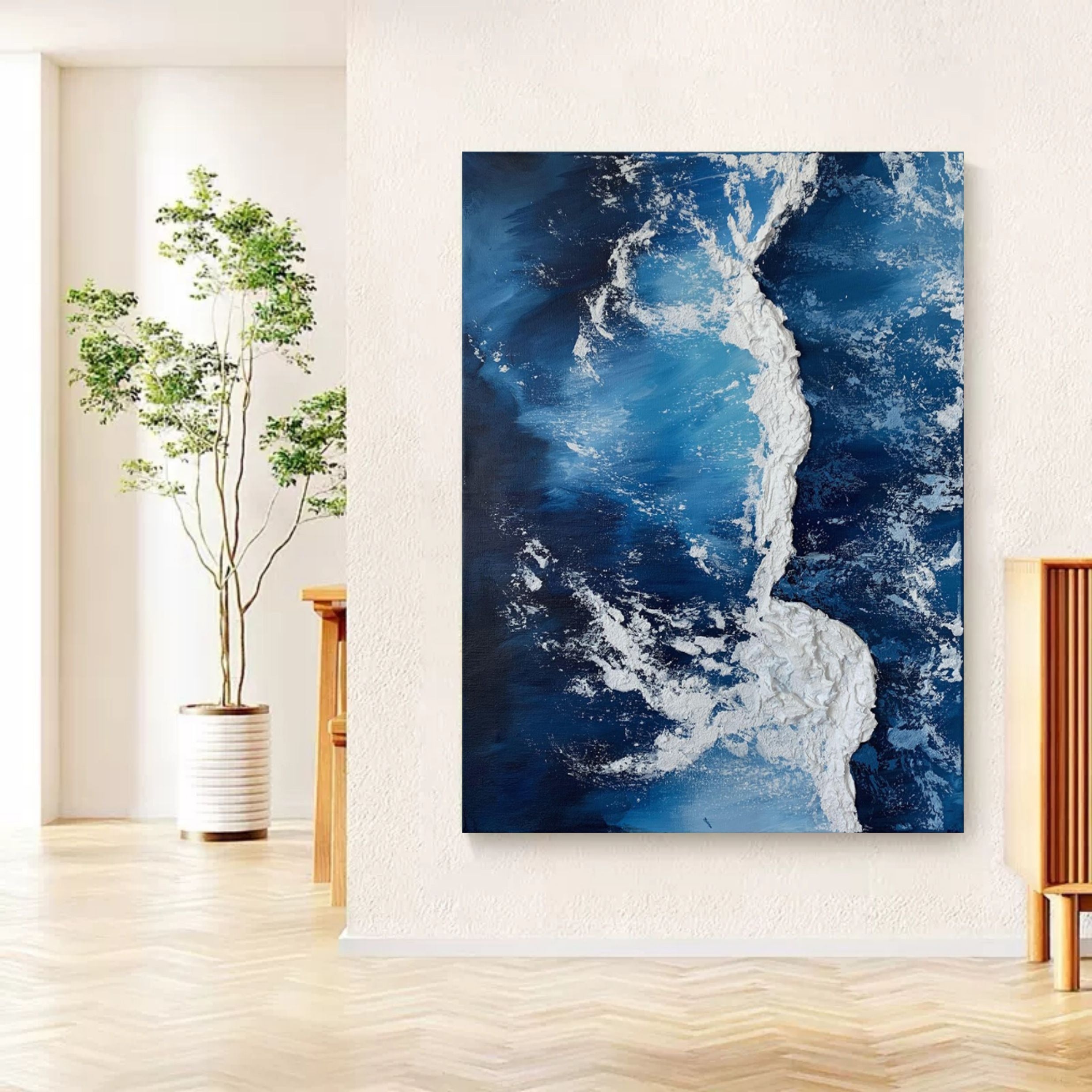 Azure Cascade Symphony-Deep Blue Stereoscopic Wave Abstract Wall Art