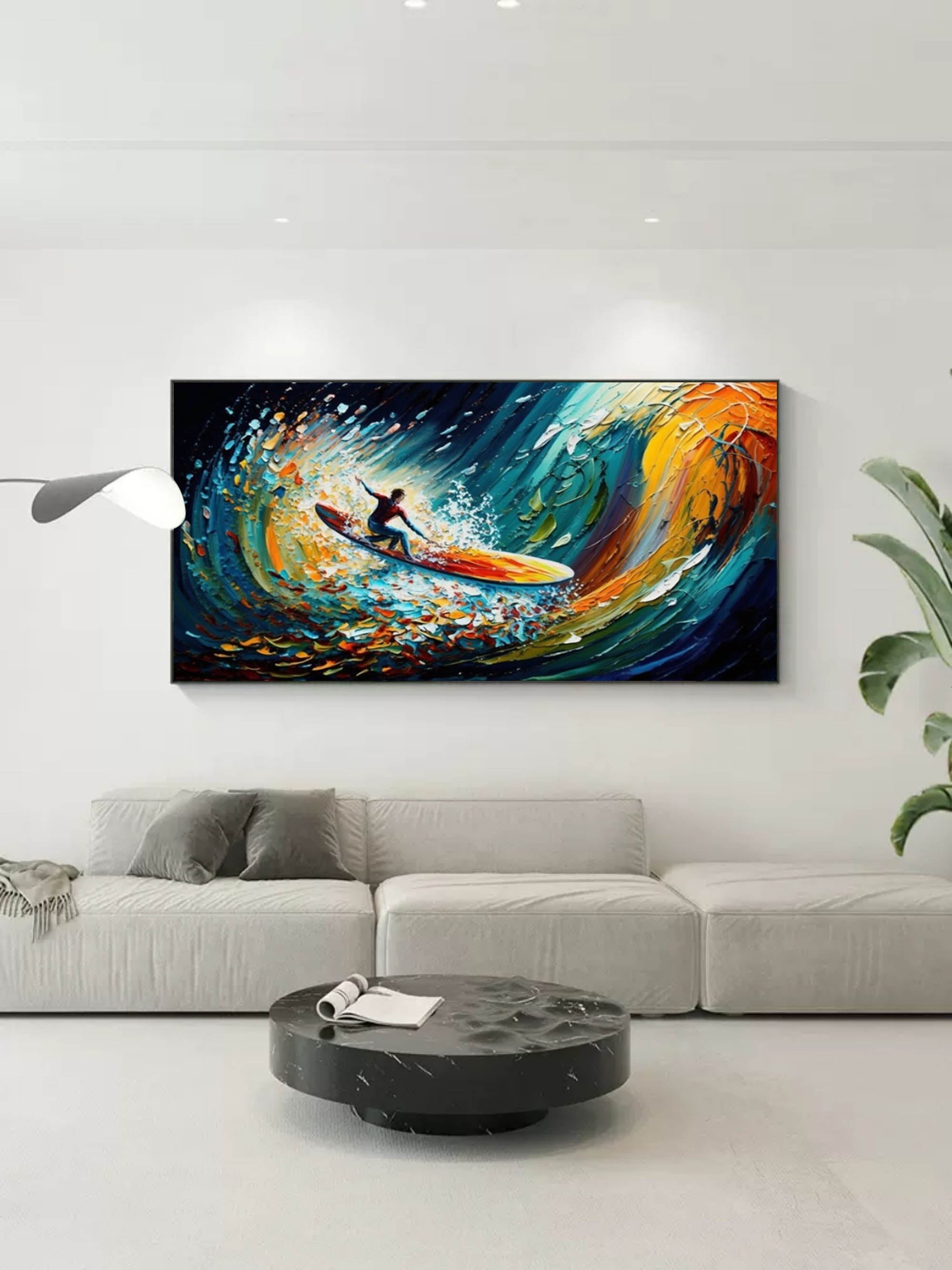 Riding the Wave - Dynamic Surfer Abstract Oil Painting for Modern Decor