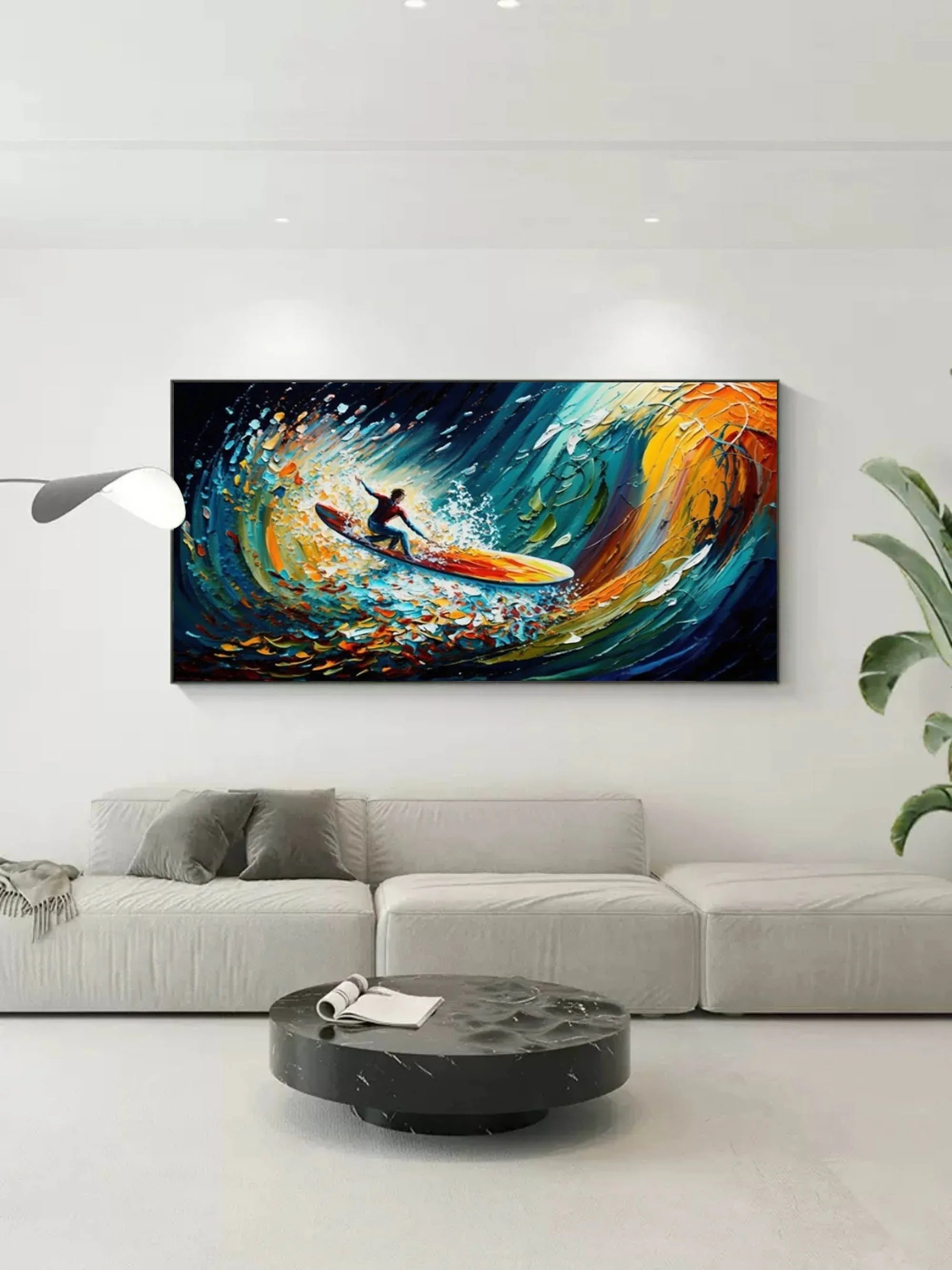 Riding the Wave - Dynamic Surfer Abstract Oil Painting for Modern Decor - artextured