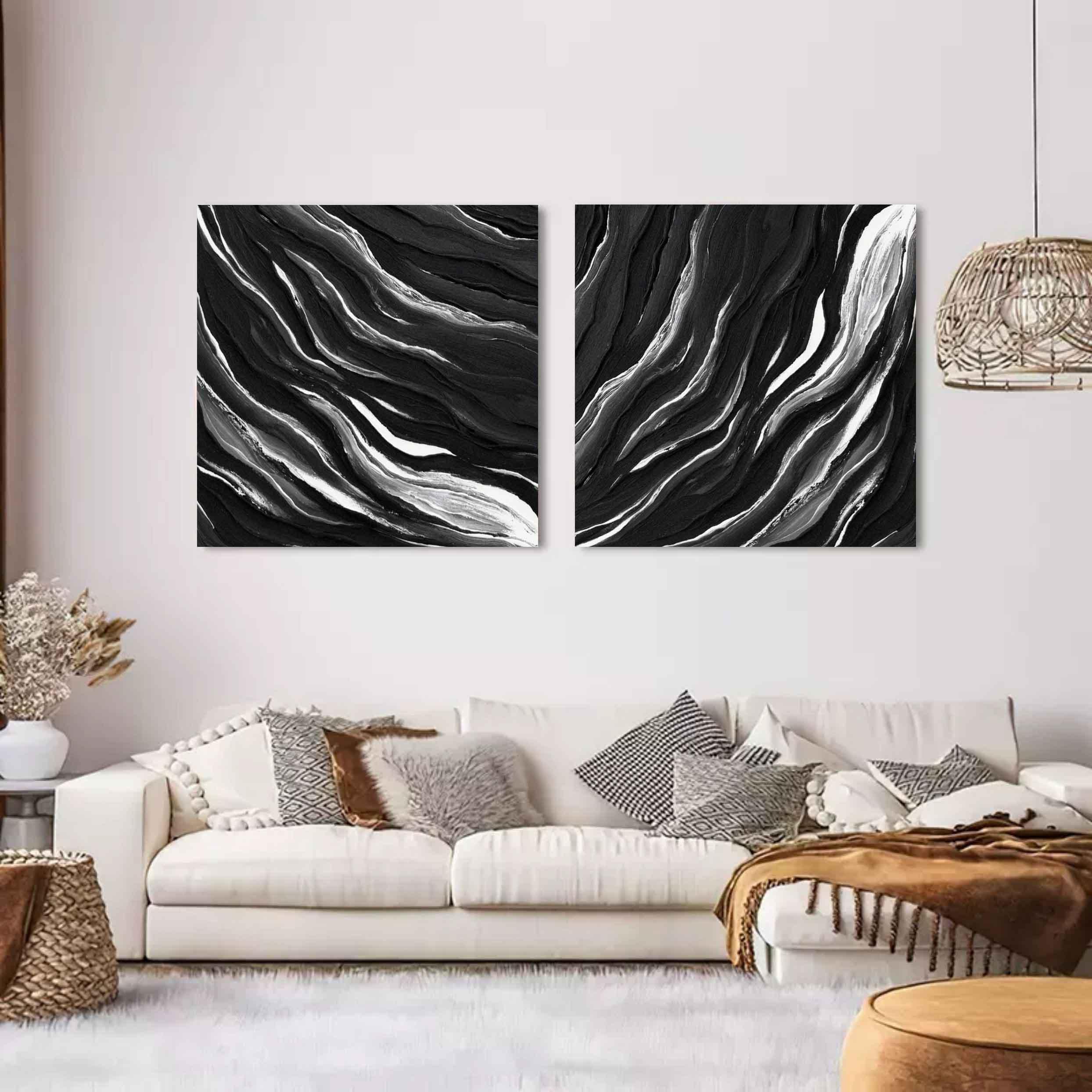 Monochrome Tides Diptych Set Of 2-Minimalist Hand Drawn Flowing Texture Abstract Wall Art - artextured
