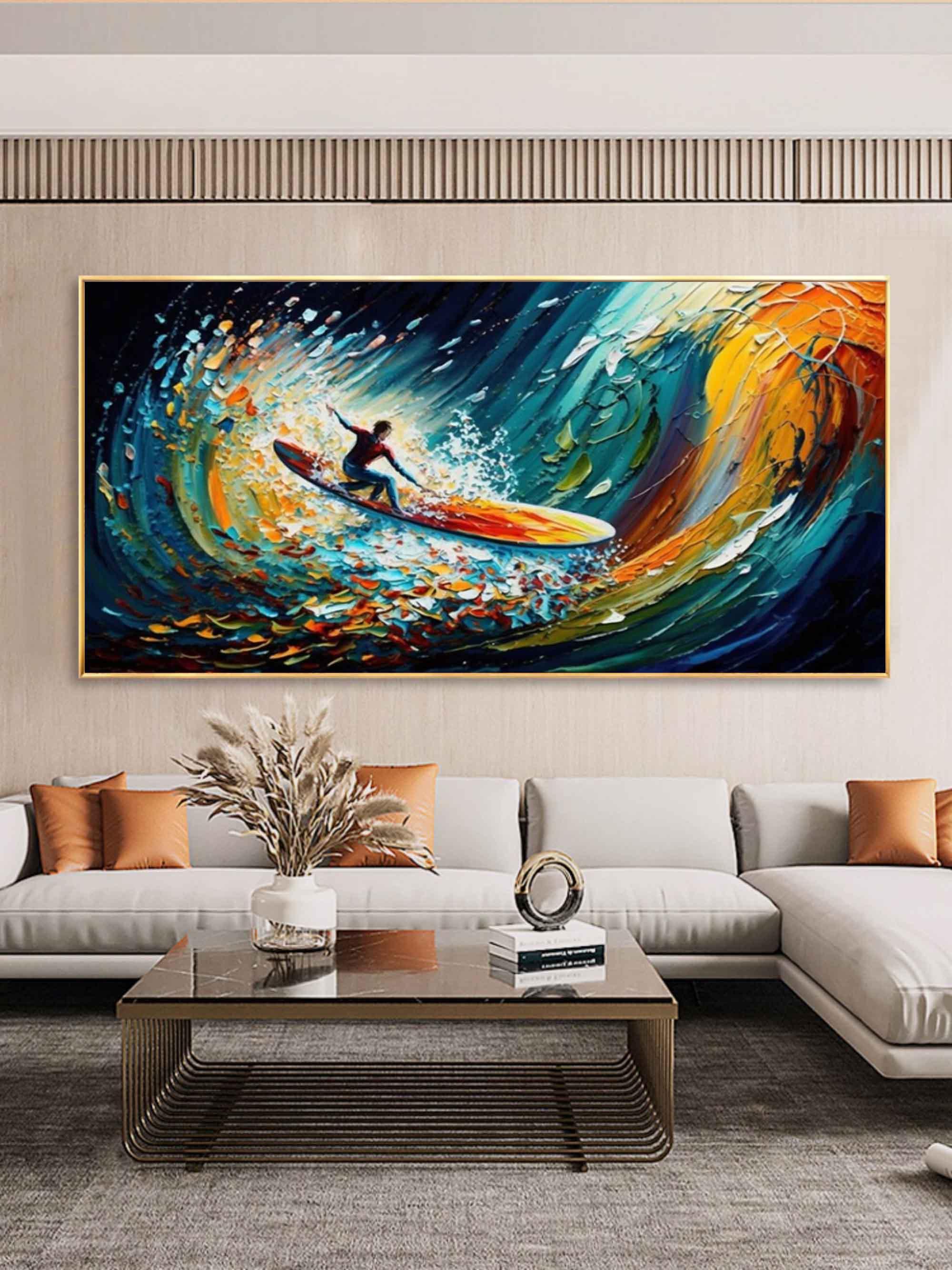 Riding the Wave - Dynamic Surfer Abstract Oil Painting for Modern Decor - artextured