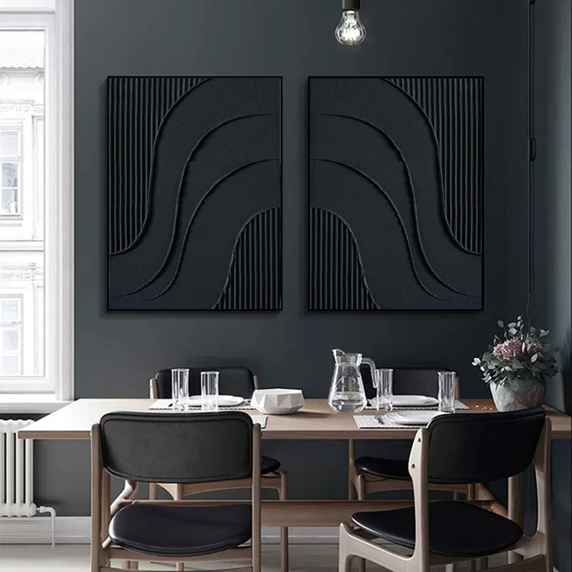 Noir Textured Diptych Art Set Of 2-Minimalist Pure Black Three-Dimensional Curved Abstract Wall Art