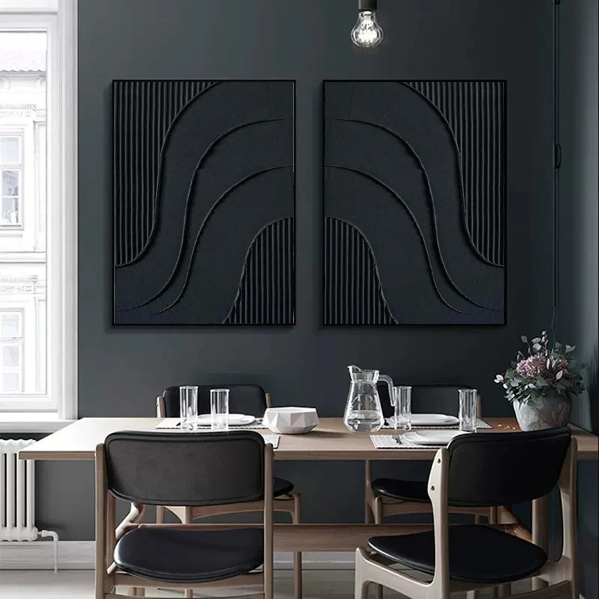 Noir Textured Diptych Art Set Of 2-Minimalist Pure Black Three-Dimensional Curved Abstract Wall Art - artextured