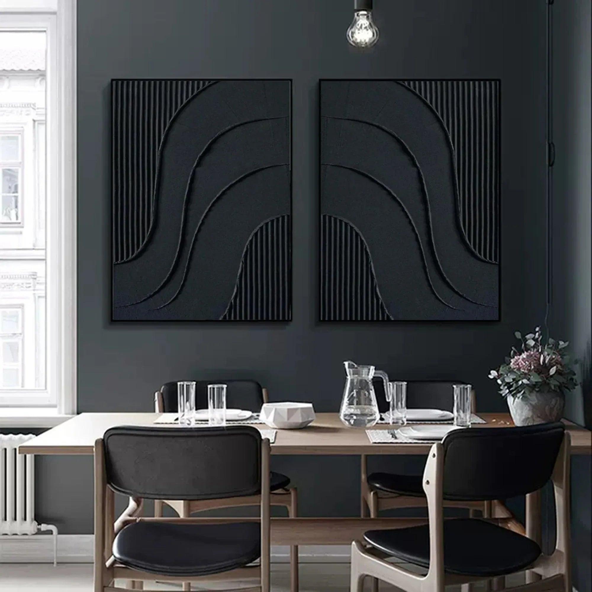 Noir Textured Diptych Art Set Of 2-Minimalist Pure Black Three-Dimensional Curved Abstract Wall Art - artextured