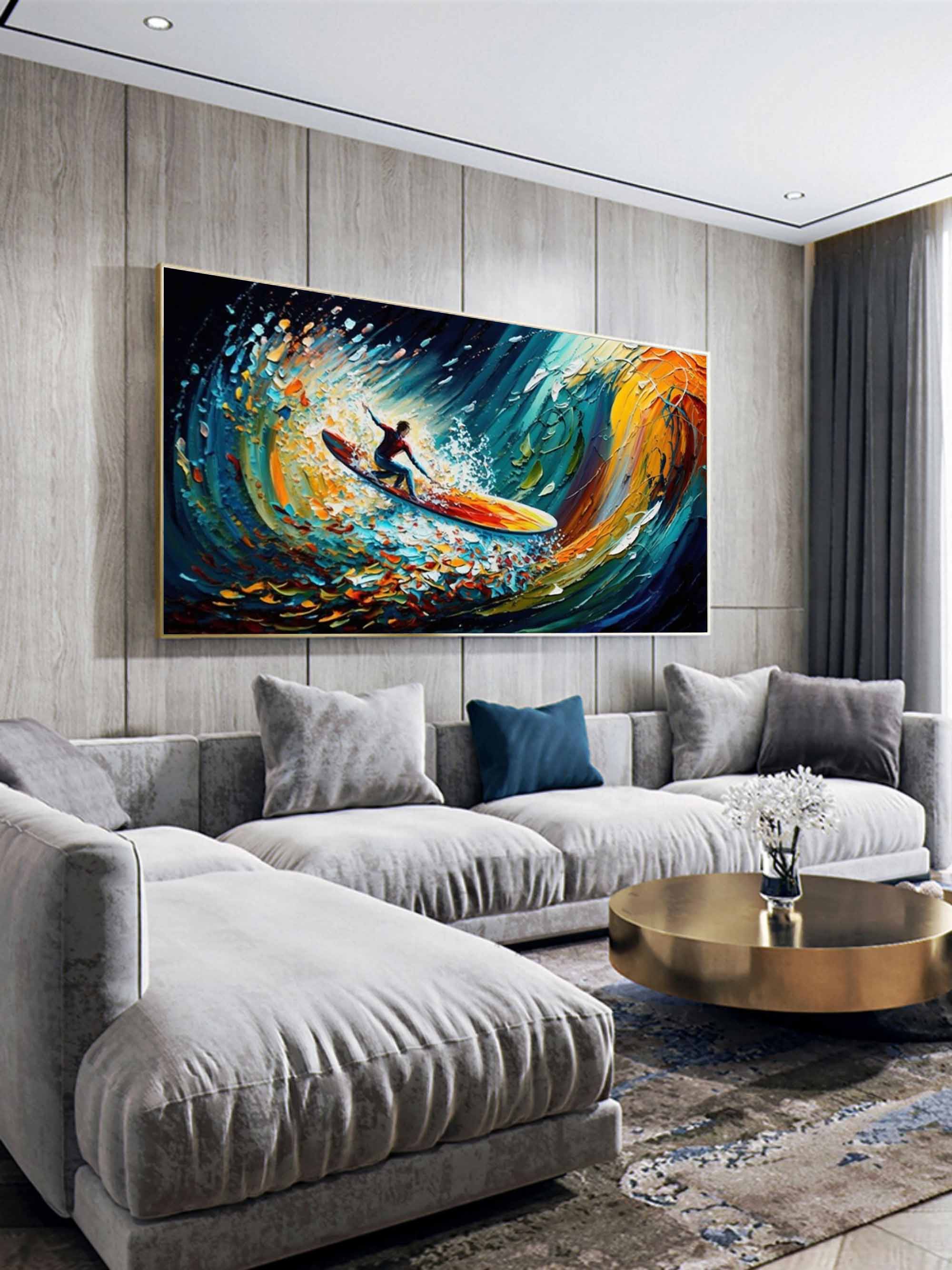 Riding the Wave - Dynamic Surfer Abstract Oil Painting for Modern Decor