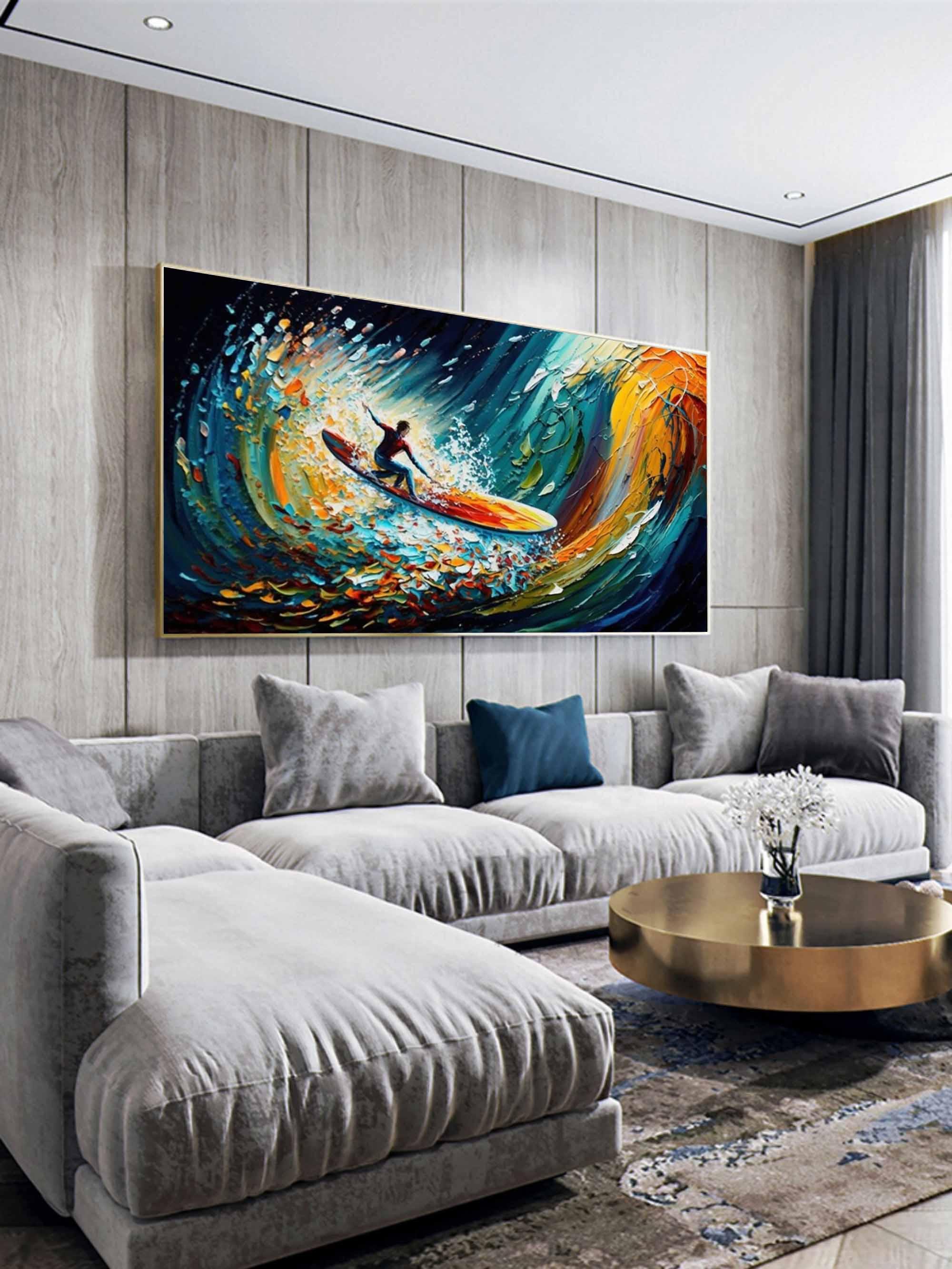 Riding the Wave - Dynamic Surfer Abstract Oil Painting for Modern Decor - artextured