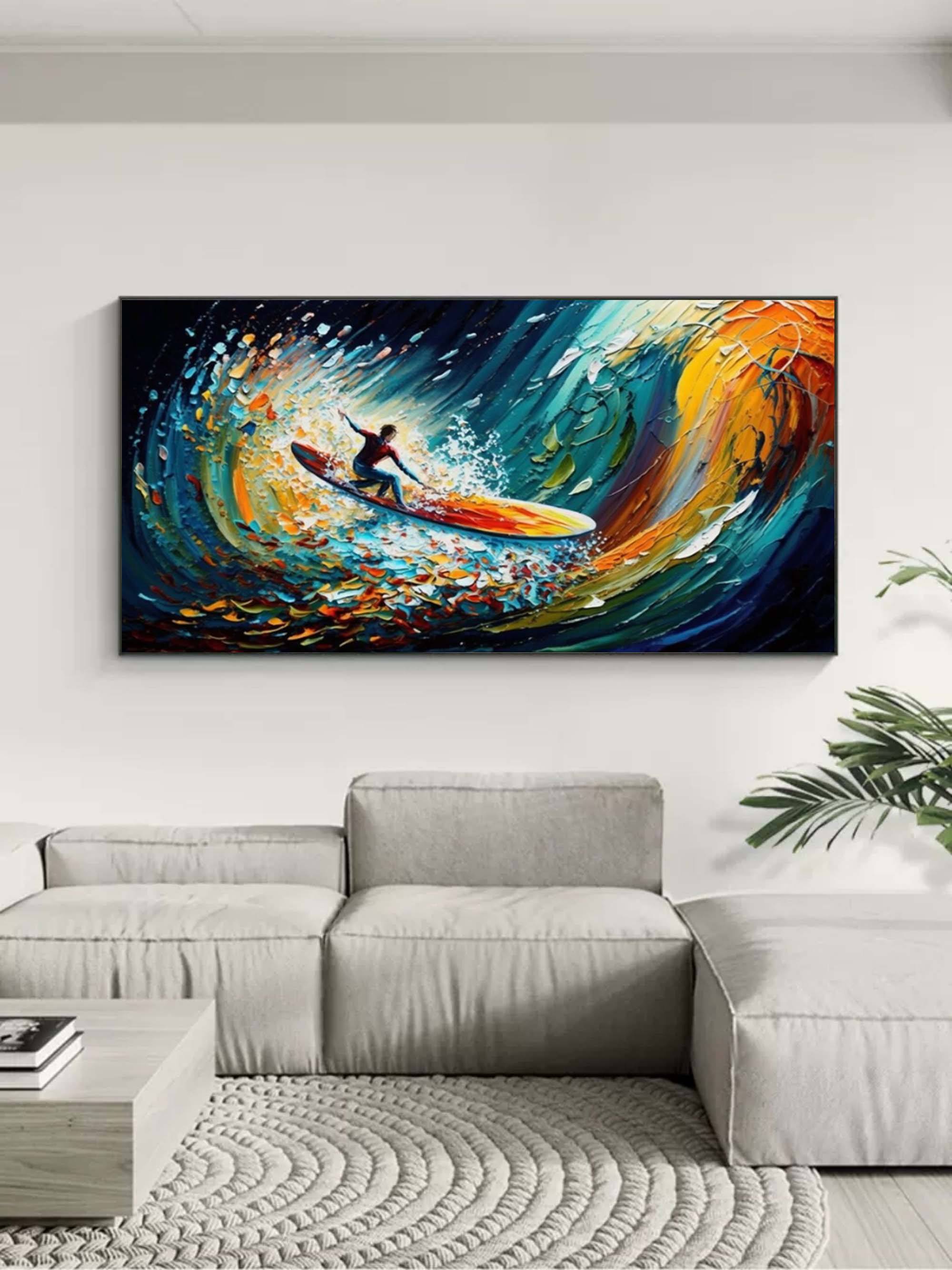 Riding the Wave - Dynamic Surfer Abstract Oil Painting for Modern Decor
