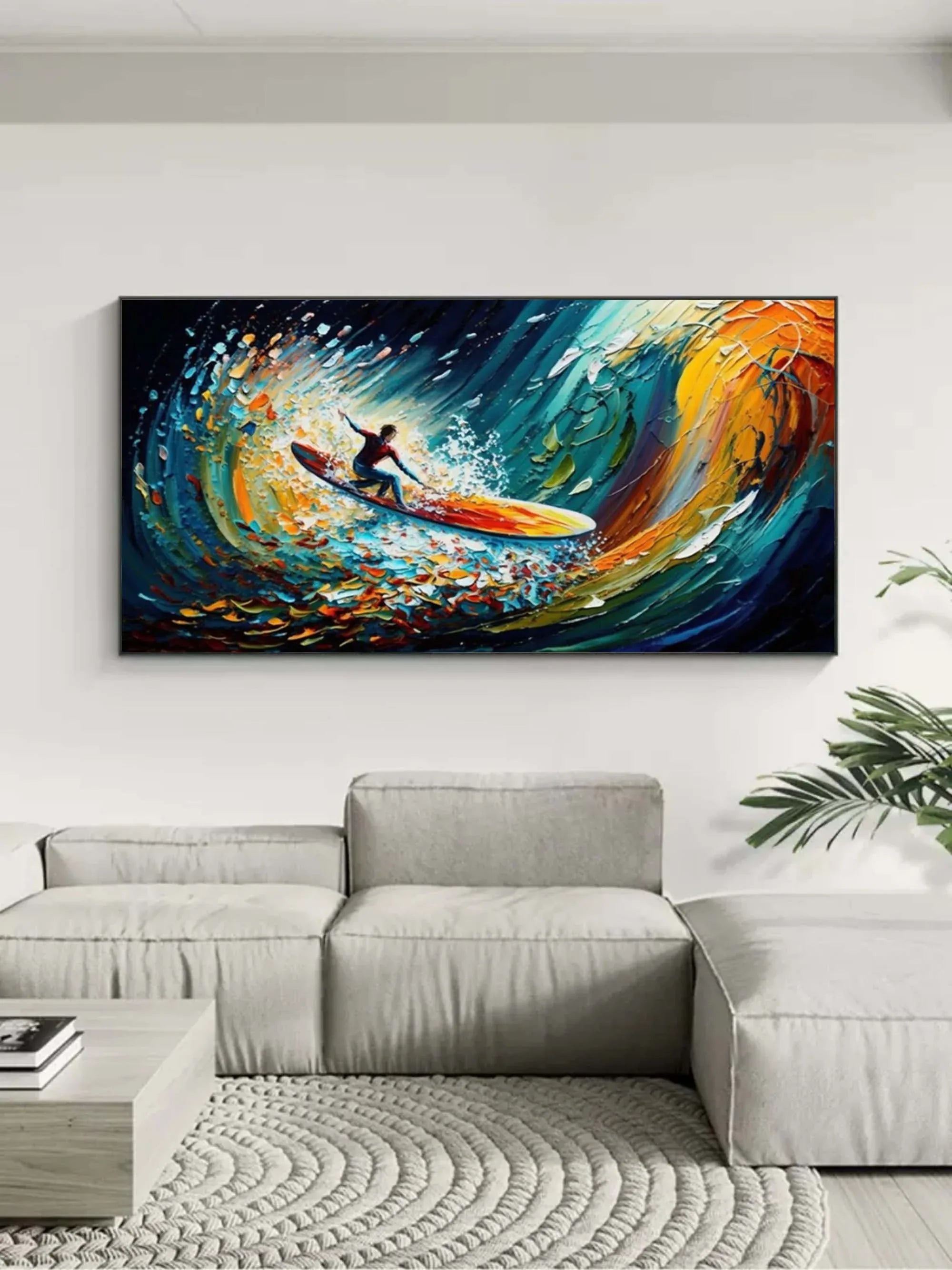 Riding the Wave - Dynamic Surfer Abstract Oil Painting for Modern Decor - artextured