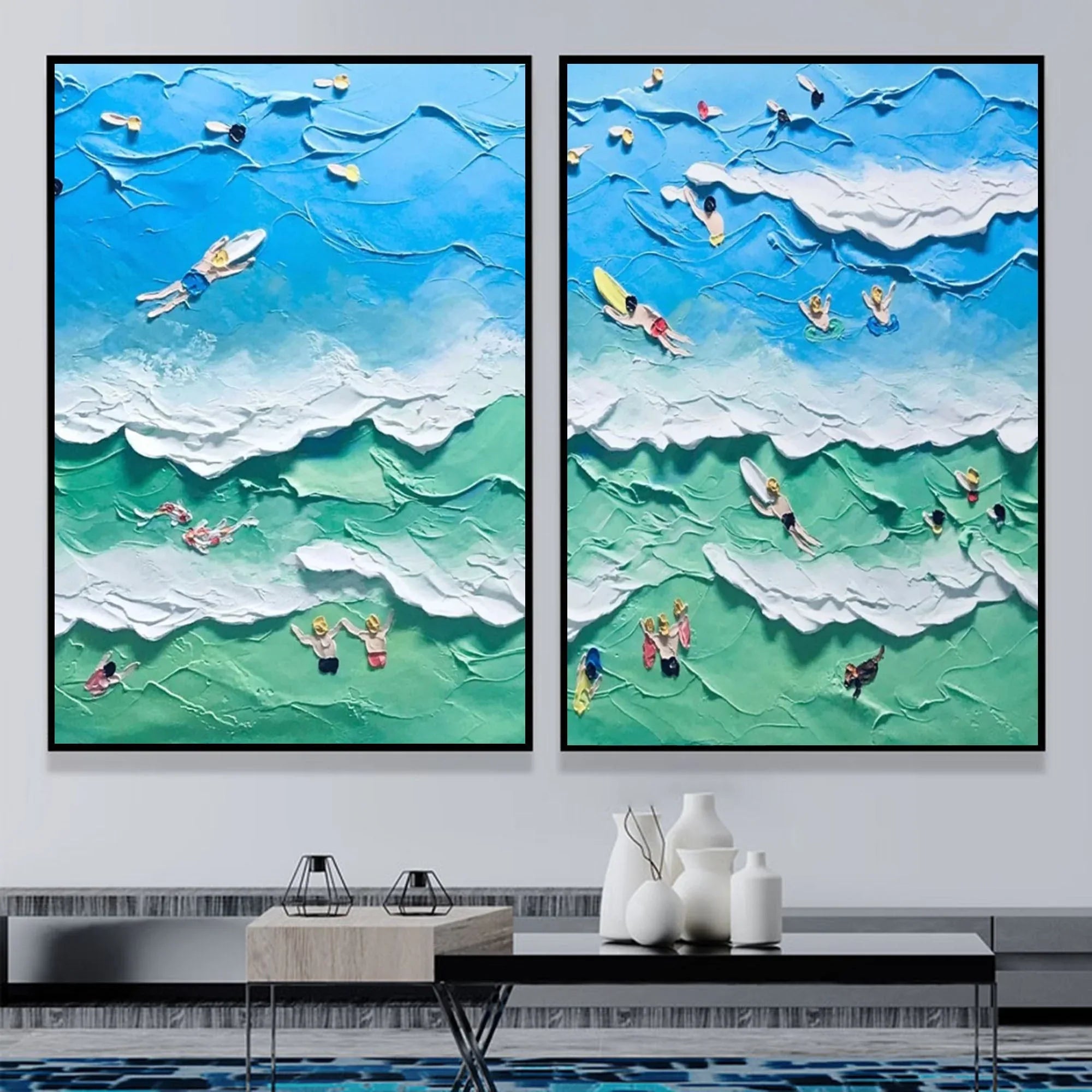 Ocean Vibes Surf Diptych Set Of 2-Modern Three-Dimensional Ocean Surfing Texture Wall Art - artextured