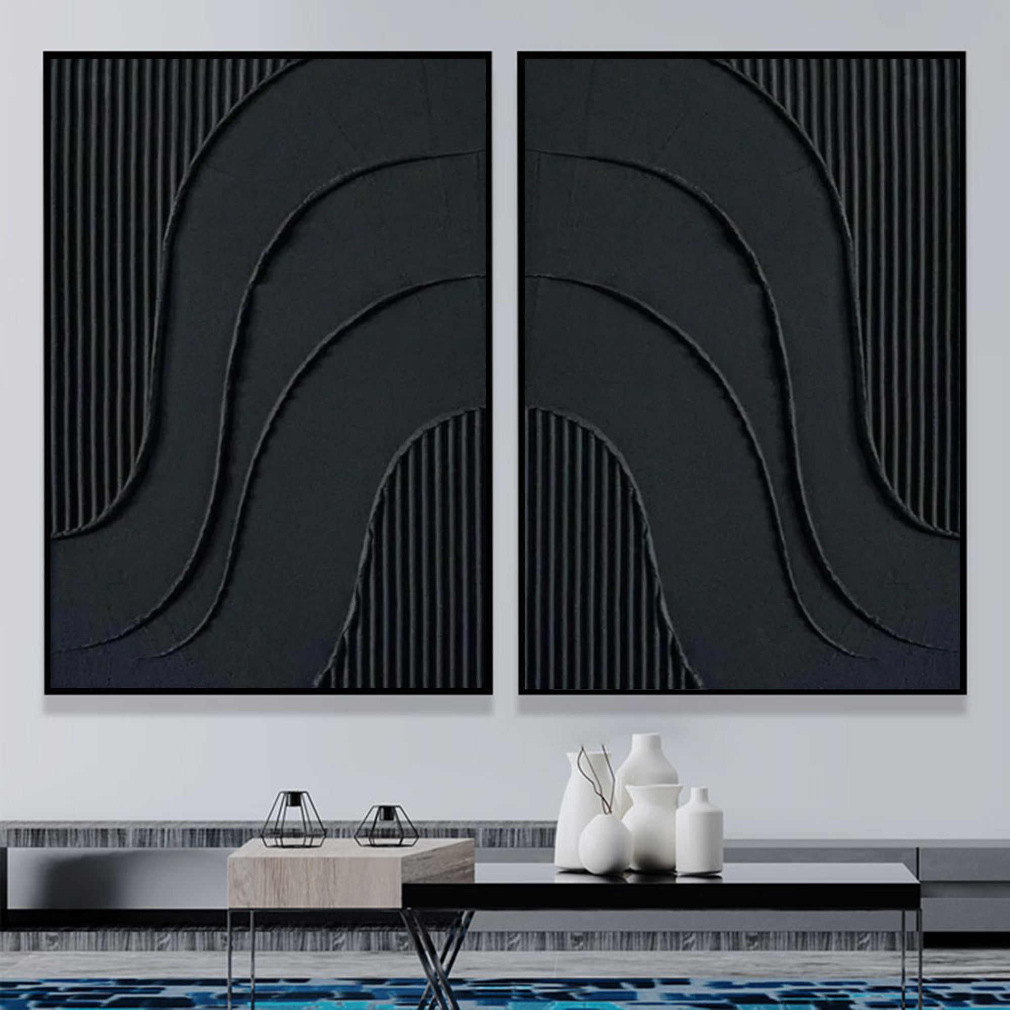 Noir Textured Diptych Art Set Of 2-Minimalist Pure Black Three-Dimensional Curved Abstract Wall Art