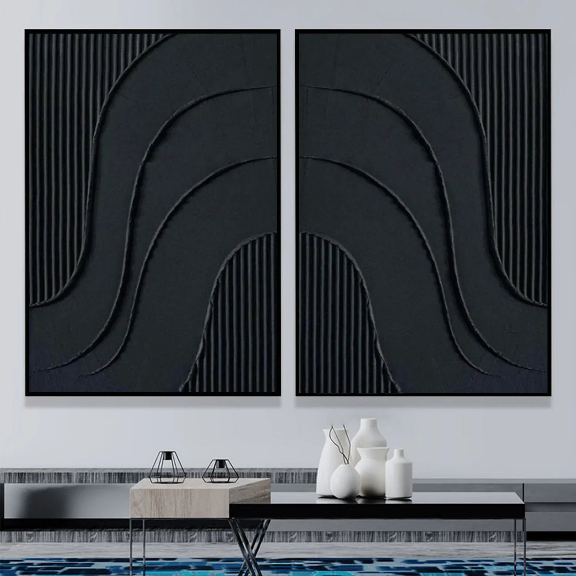 Noir Textured Diptych Art Set Of 2-Minimalist Pure Black Three-Dimensional Curved Abstract Wall Art - artextured