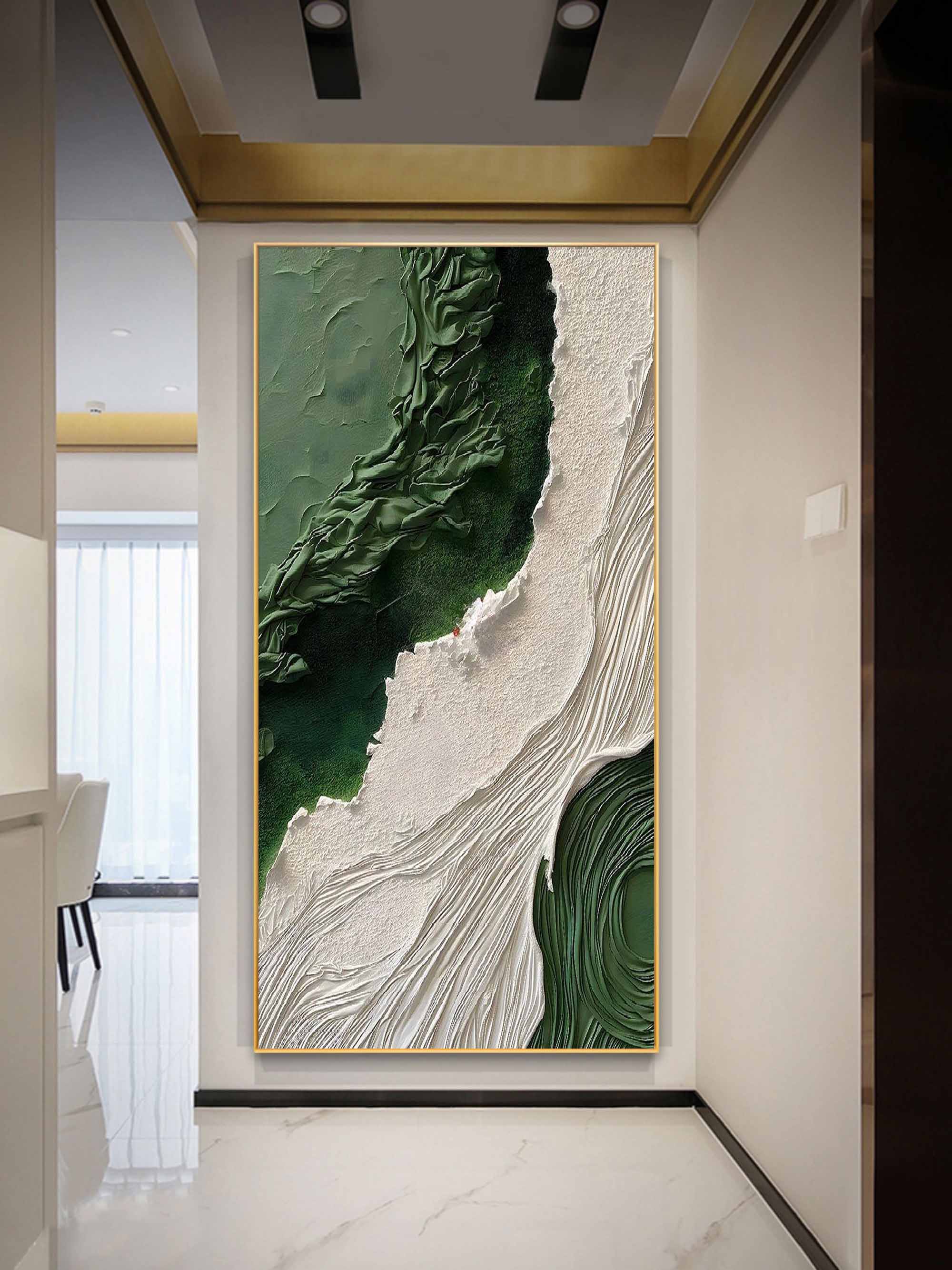 Emerald Tides Vertical Art-Modern Home Decoration 3D Green and White Minimalist Texture Wall Art
