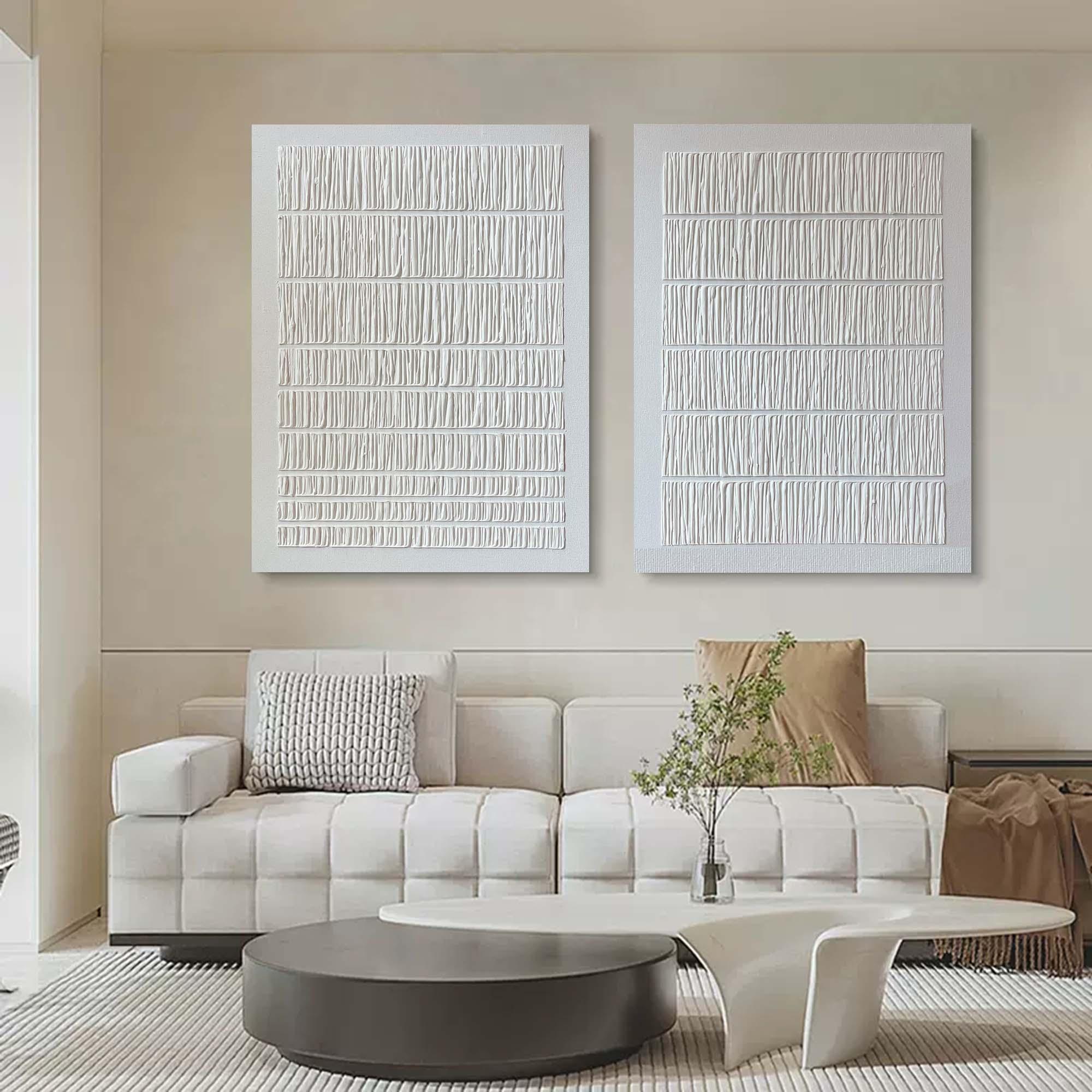 Linear Harmony Diptych Art Set Of 2-Pure White Minimalist Striped Abstract Wall Art - artextured