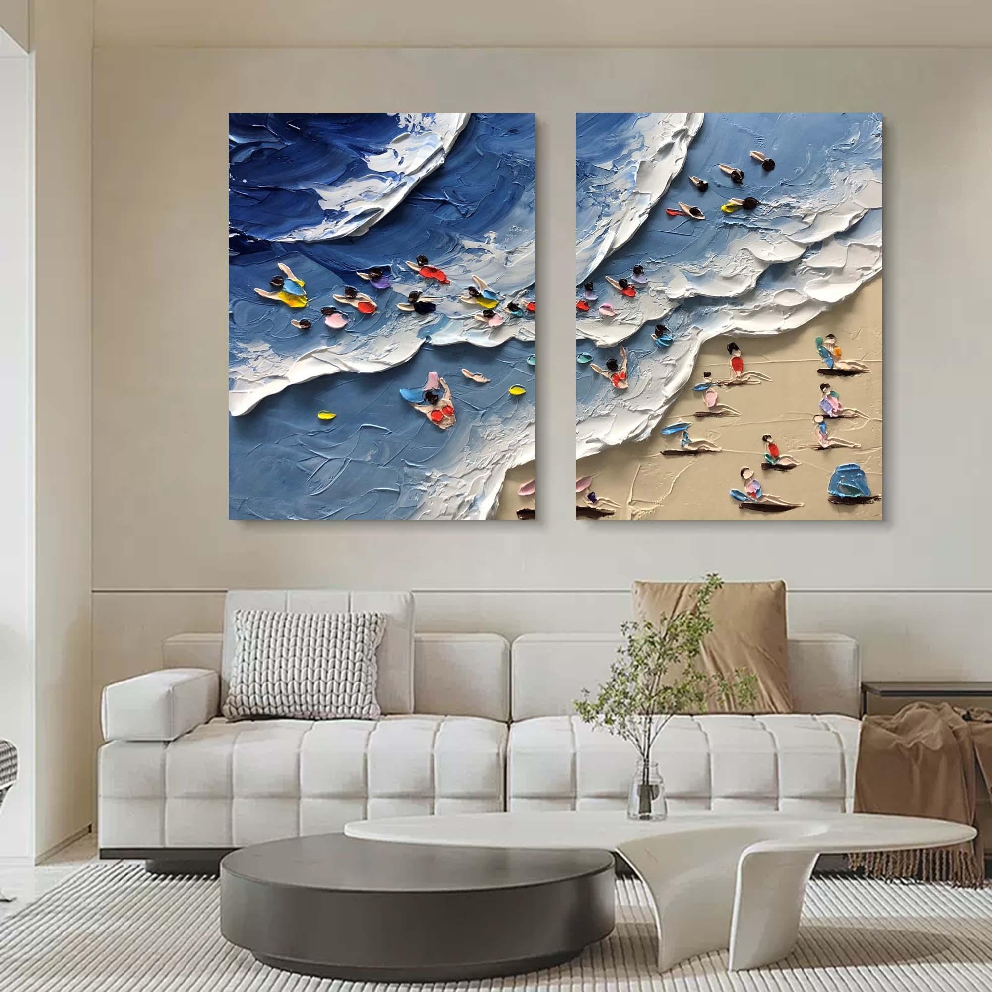 Coastal Bliss Diptych Art Set Of 2-Abstract Texture Wall Art of Wave Beach - artextured