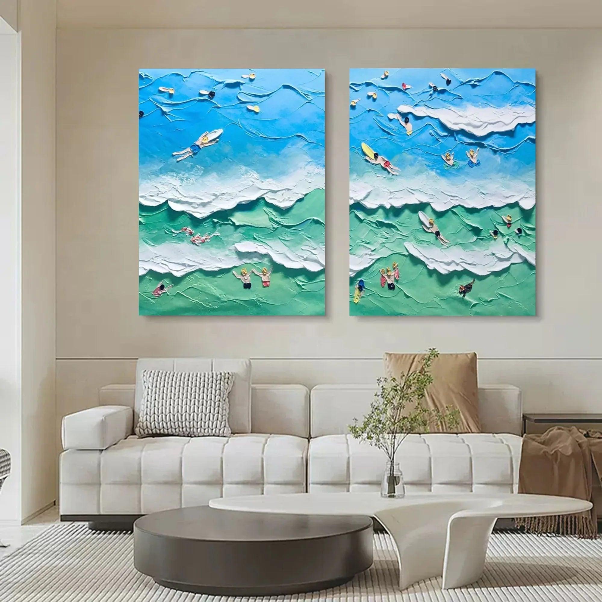 Ocean Vibes Surf Diptych Set Of 2-Modern Three-Dimensional Ocean Surfing Texture Wall Art - artextured