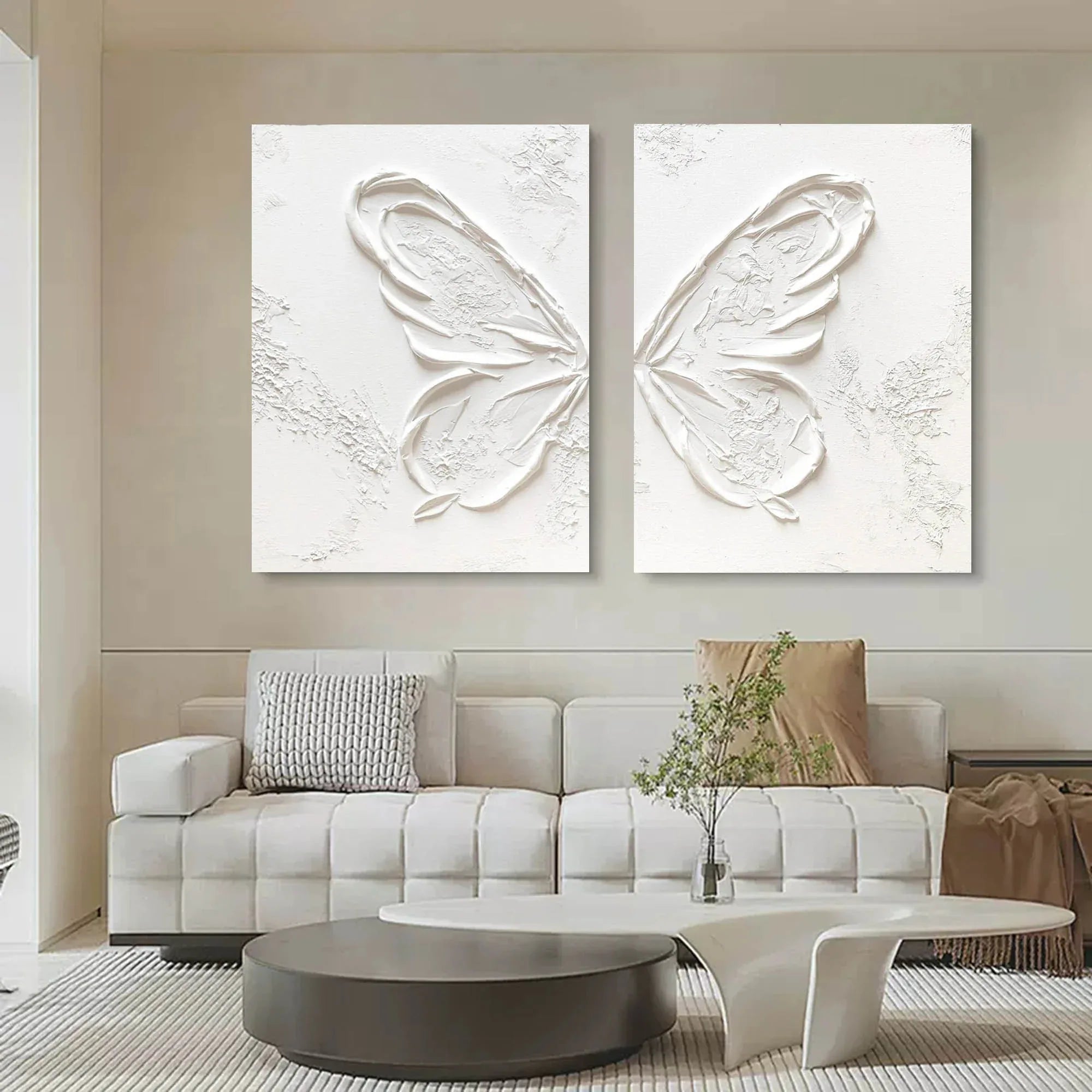 Ethereal Butterfly Diptych Set Of 2-Symmetrical Pure White Three-Dimensional Butterfly Minimalist Abstract Wall Art - artextured