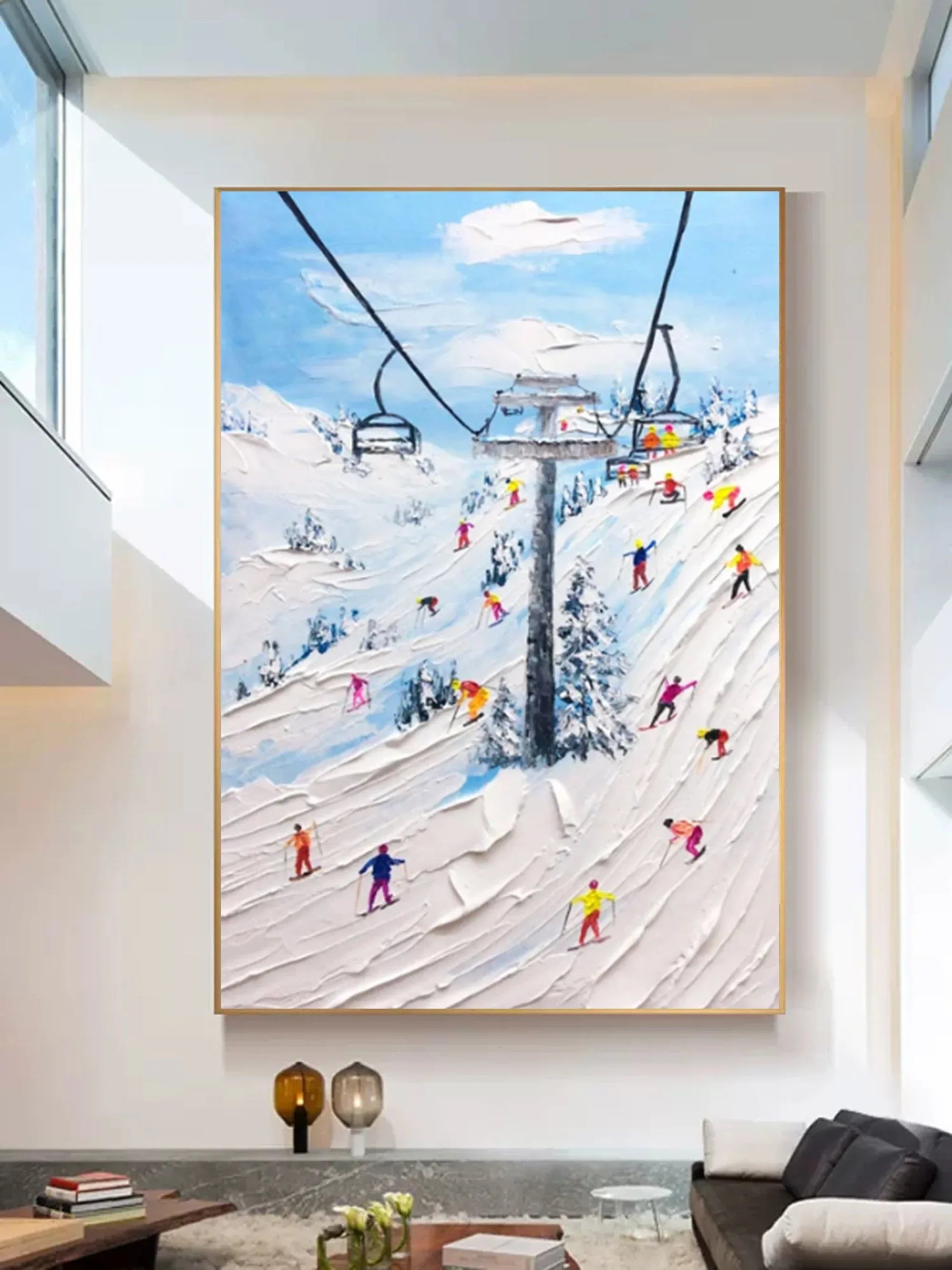 Alpine Adventure-Hand Drawn Thick Coated Ski Texture Oil Painting Wall Art - artextured