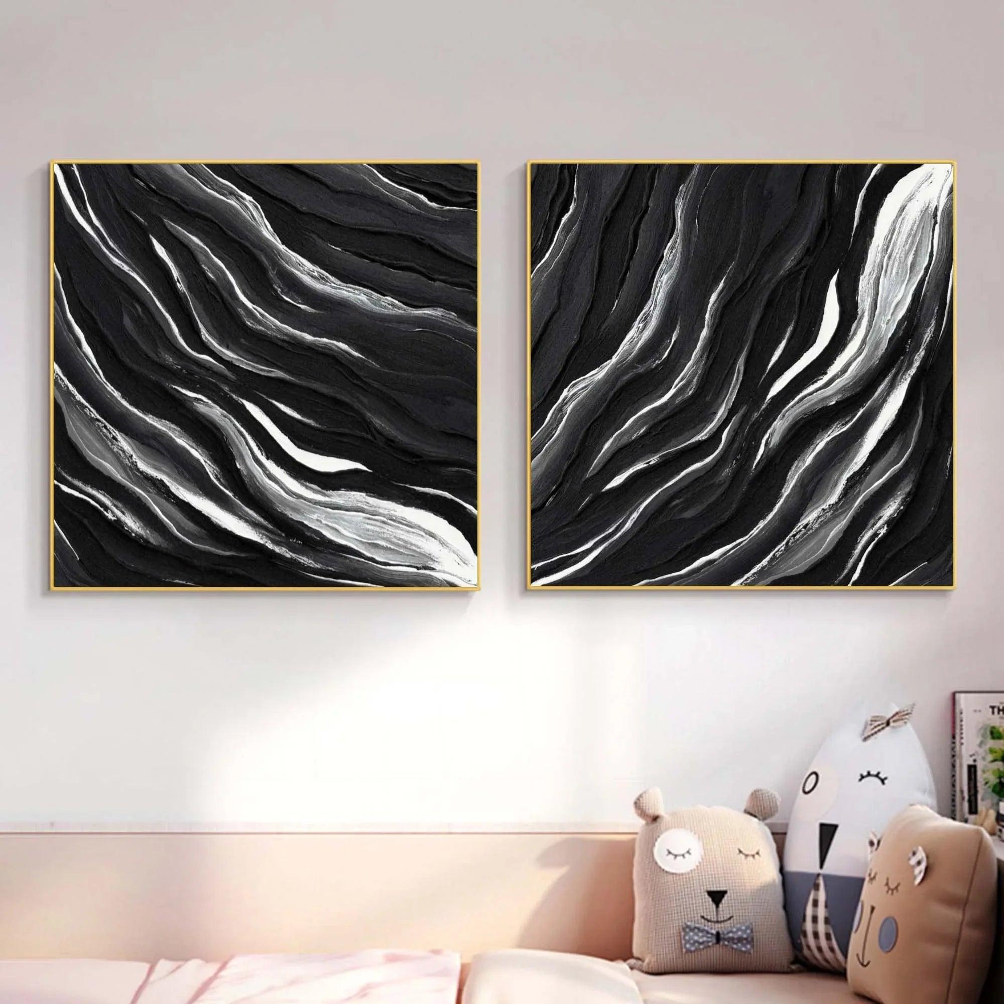 Monochrome Tides Diptych Set Of 2-Minimalist Hand Drawn Flowing Texture Abstract Wall Art - artextured