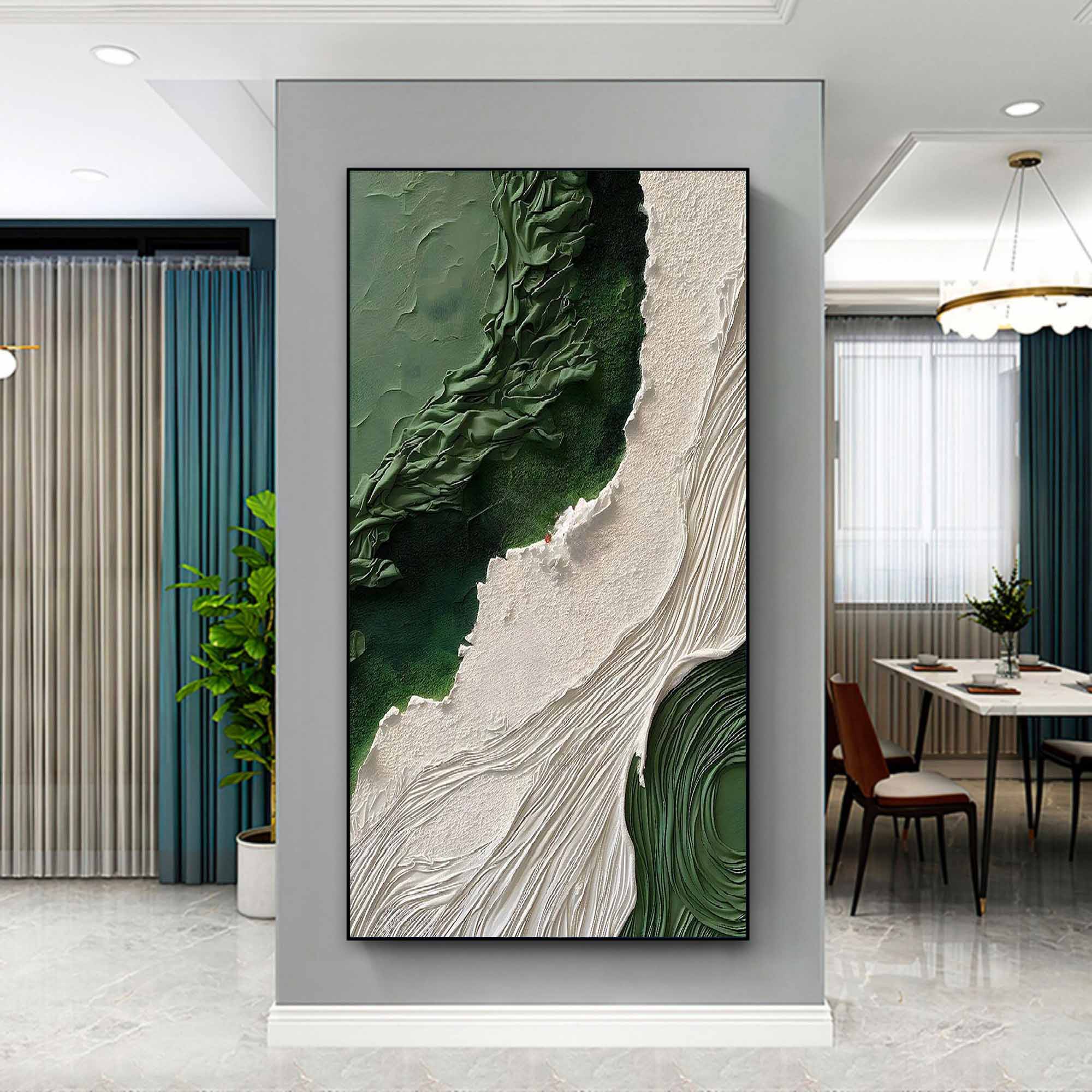 Emerald Tides Vertical Art-Modern Home Decoration 3D Green and White Minimalist Texture Wall Art