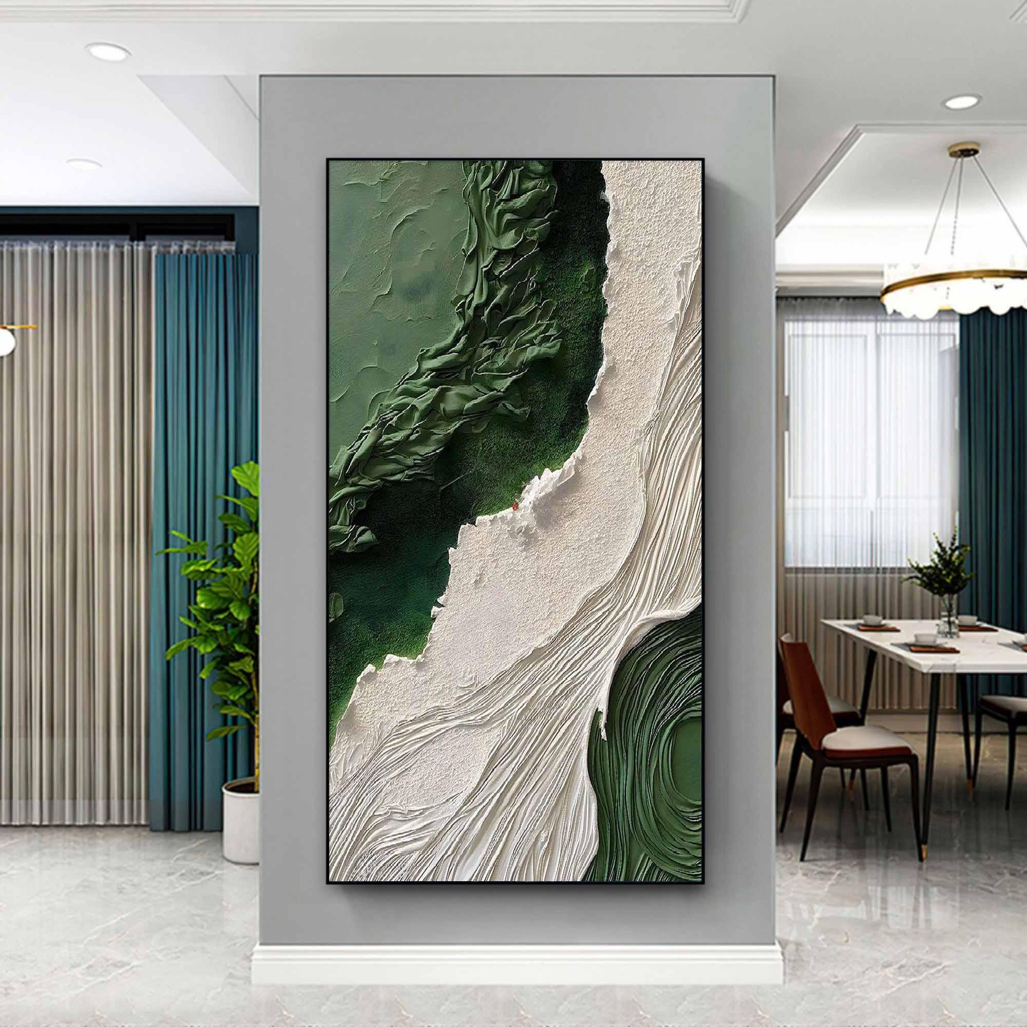 Emerald Tides Vertical Art-Modern Home Decoration 3D Green and White Minimalist Texture Wall Art - artextured