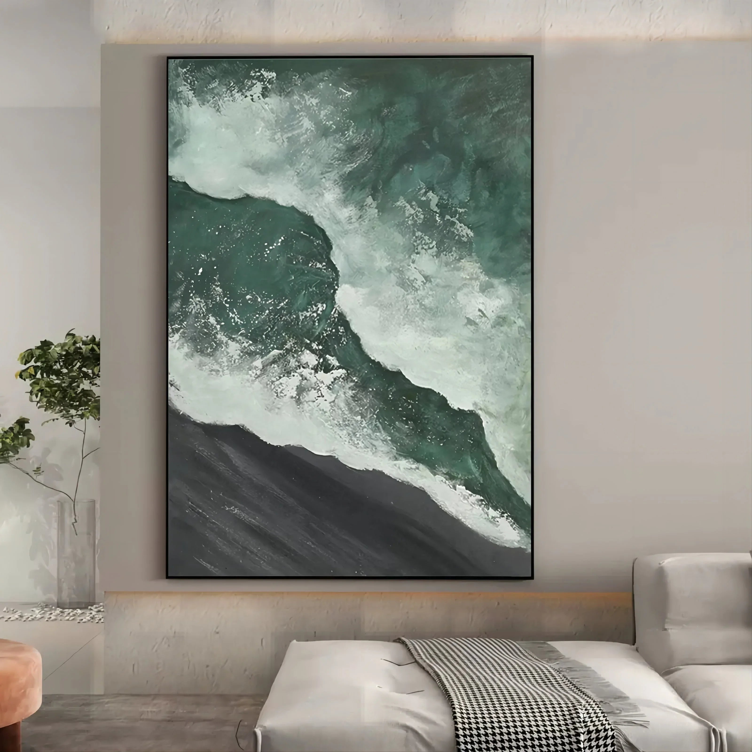 Emerald Tide-Hand Drawn Dark Green 3D Texture Wave Abstract Wall Art - artextured