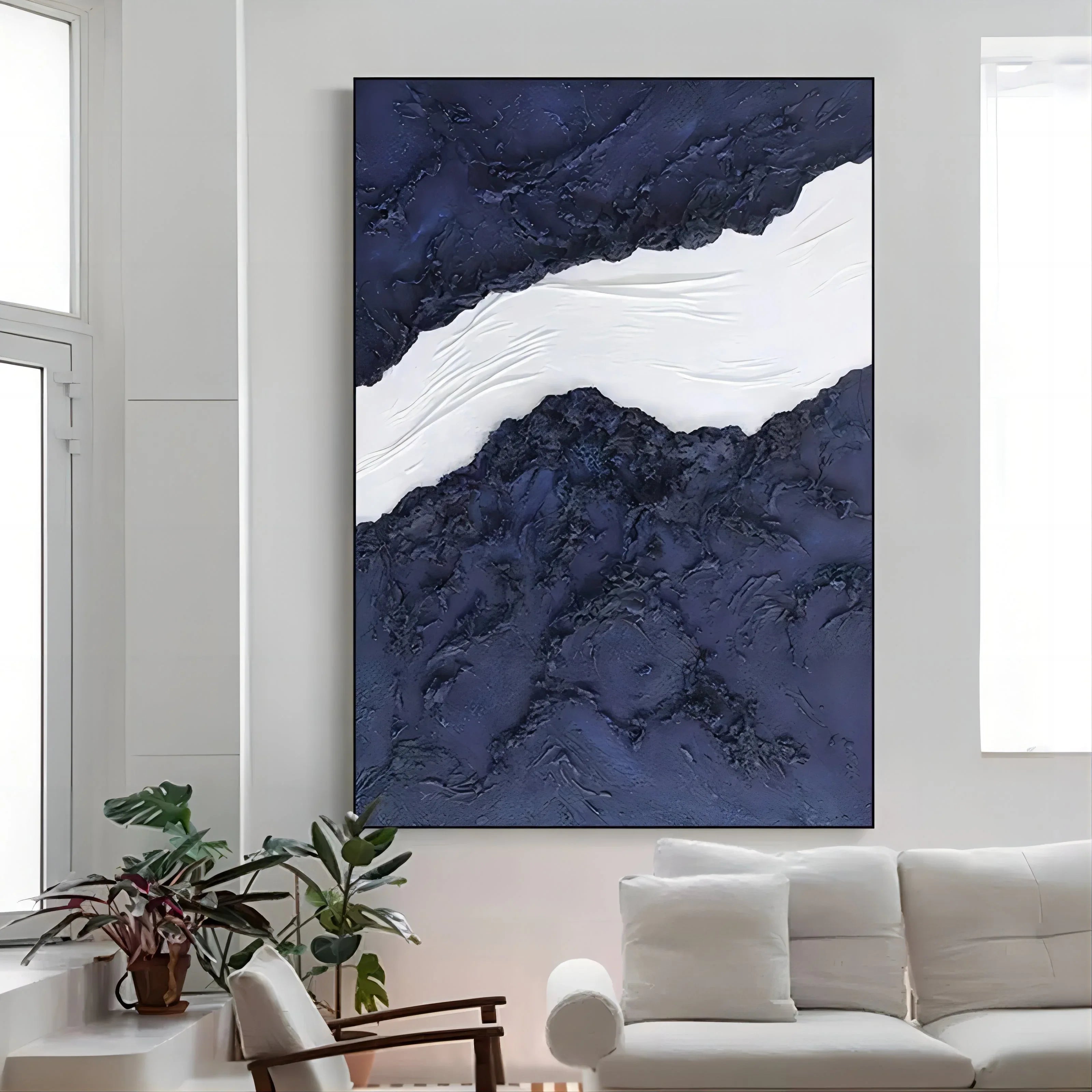 Indigo Divide-Modern Minimalist Blue and White Layered Texture Abstract Wall Art - artextured