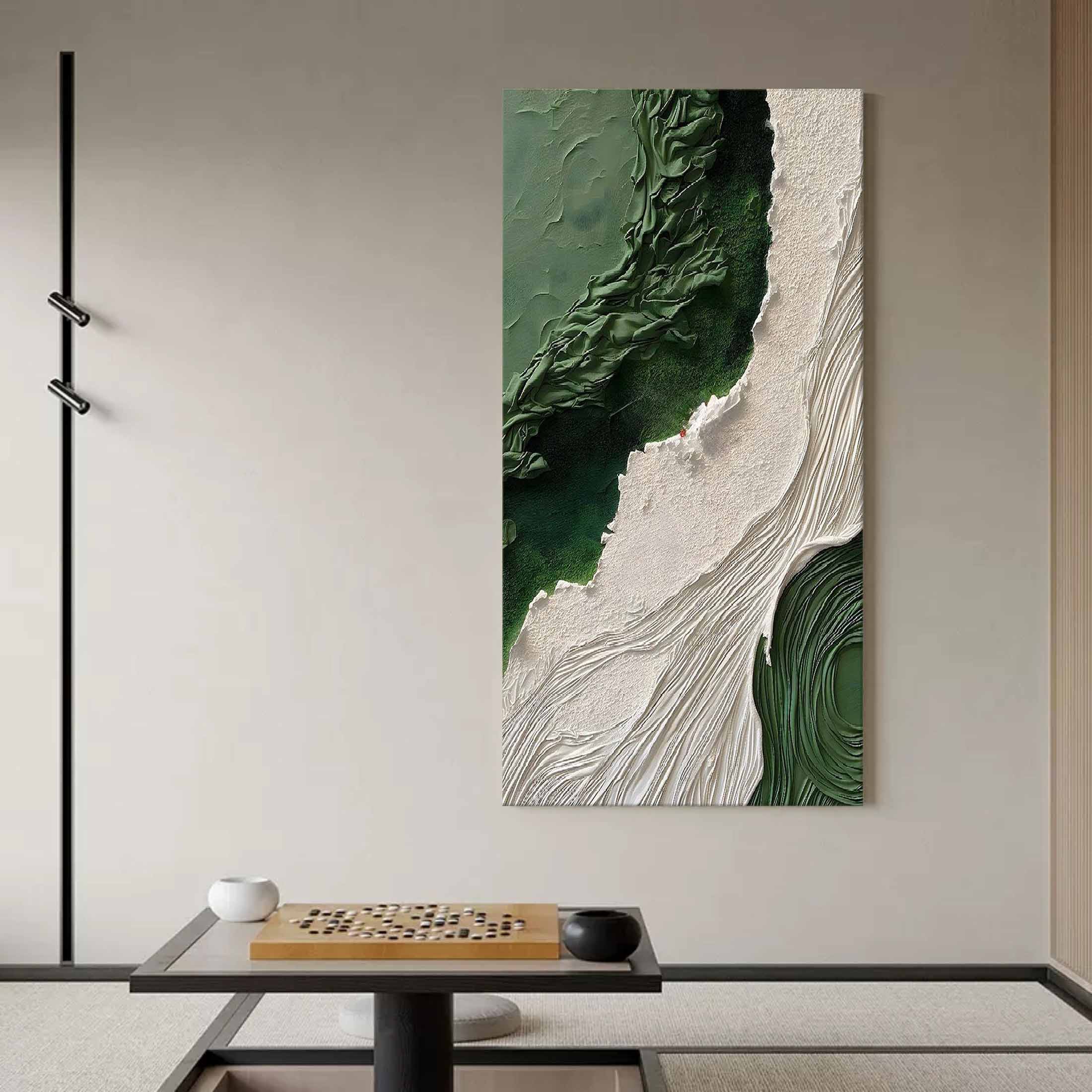 Emerald Tides Vertical Art-Modern Home Decoration 3D Green and White Minimalist Texture Wall Art