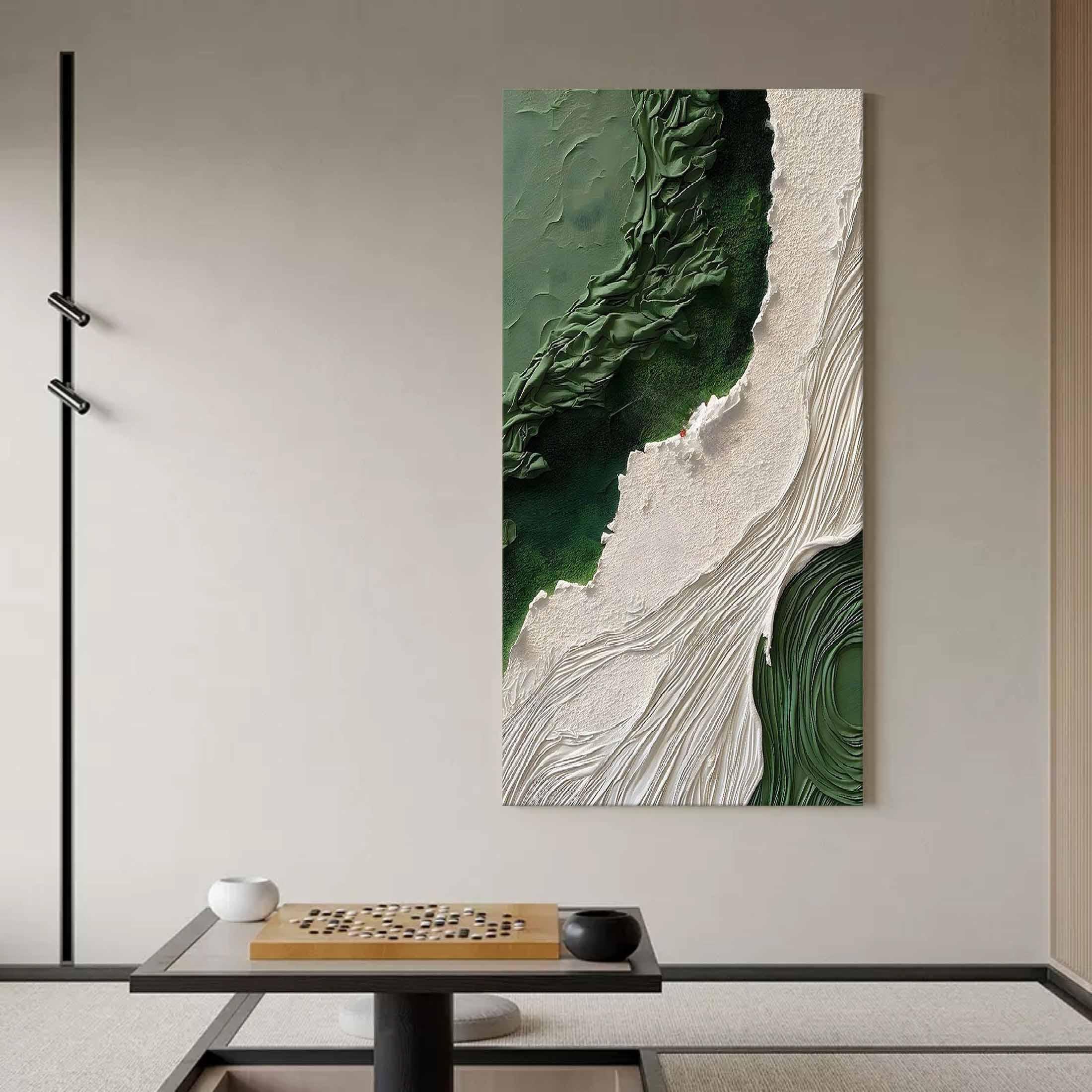 Emerald Tides Vertical Art-Modern Home Decoration 3D Green and White Minimalist Texture Wall Art - artextured