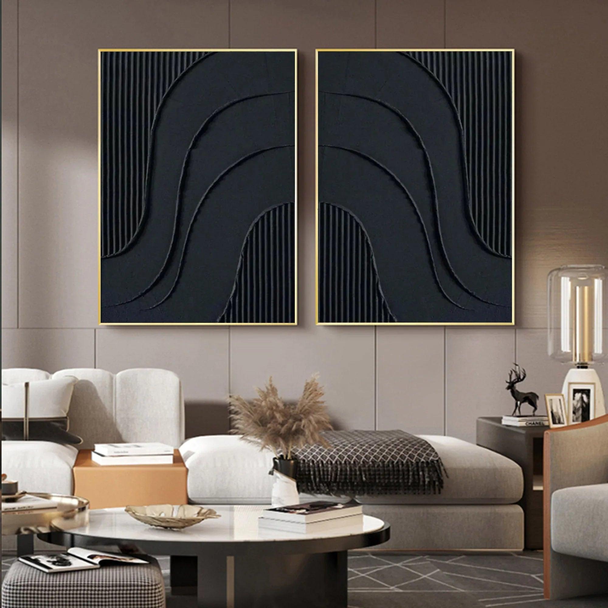 Noir Textured Diptych Art Set Of 2-Minimalist Pure Black Three-Dimensional Curved Abstract Wall Art - artextured