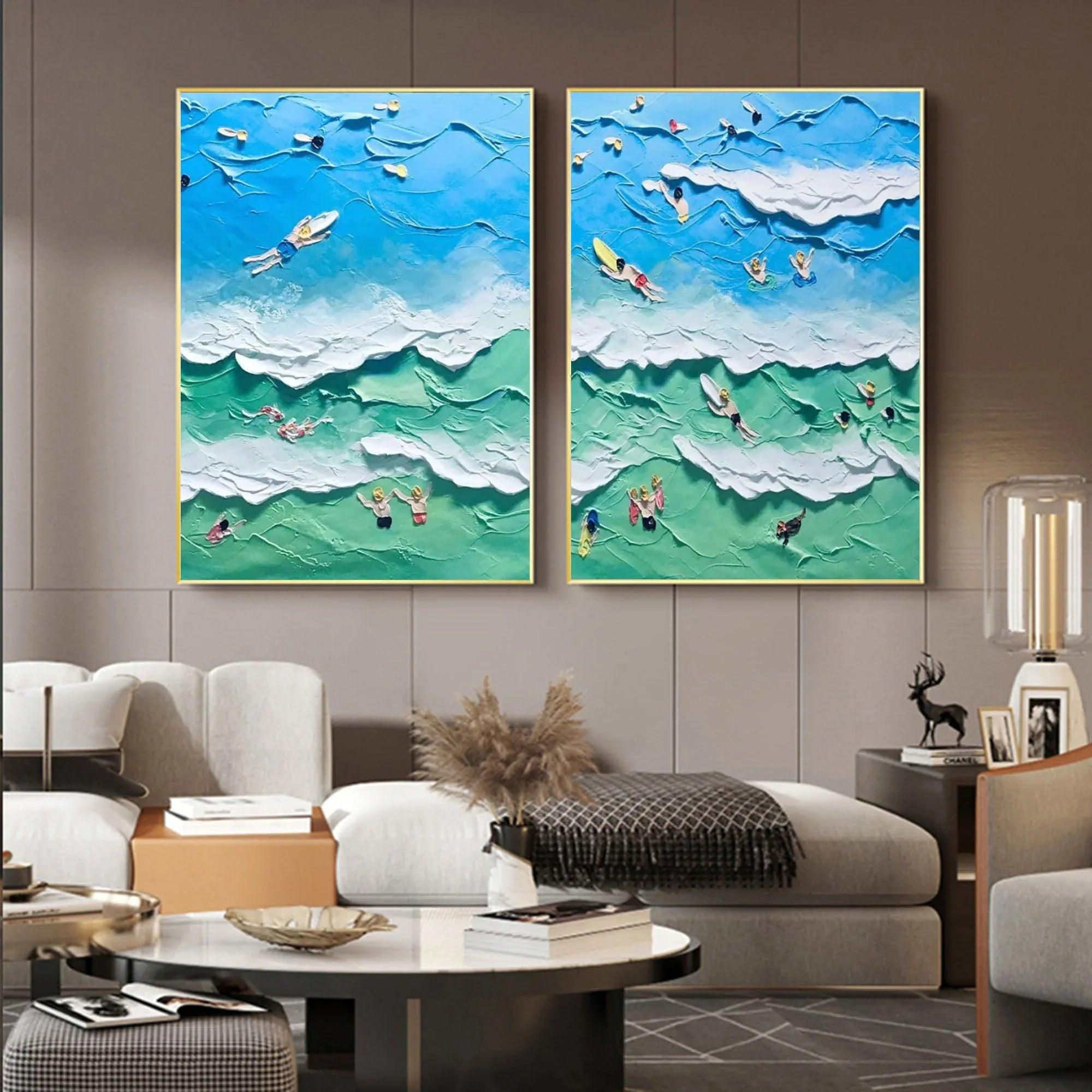 Ocean Vibes Surf Diptych Set Of 2-Modern Three-Dimensional Ocean Surfing Texture Wall Art - artextured