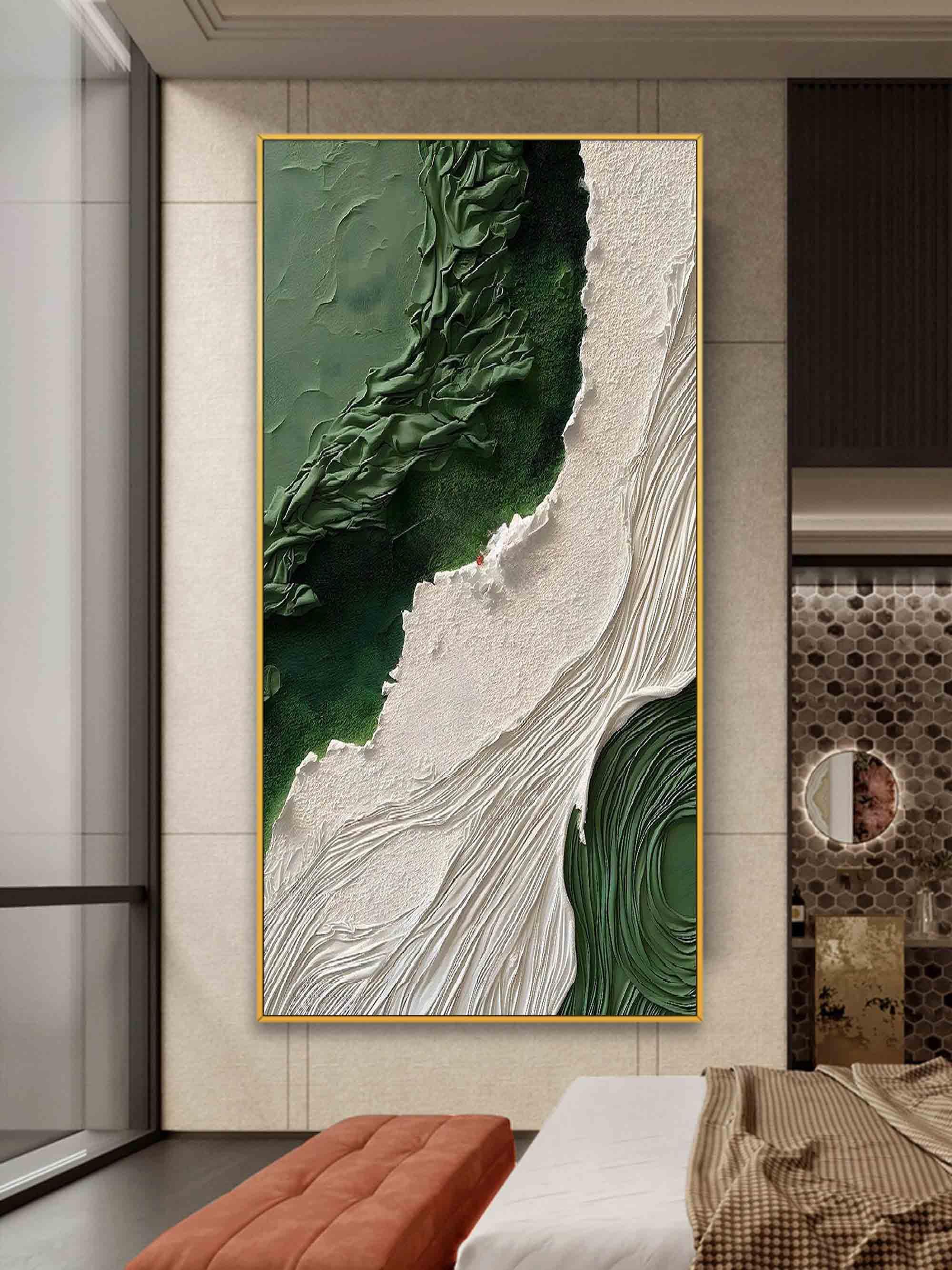 Emerald Tides Vertical Art-Modern Home Decoration 3D Green and White Minimalist Texture Wall Art - artextured