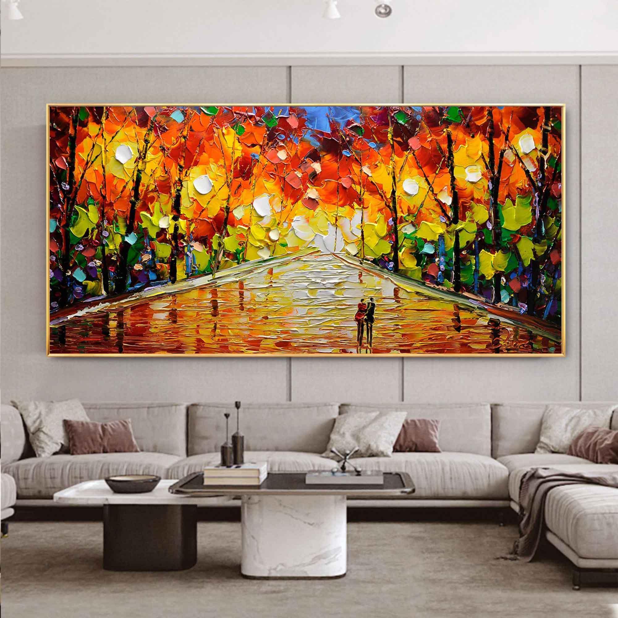 Romantic Stroll - Vibrant Abstract Oil Painting of a Colorful Park Path - artextured