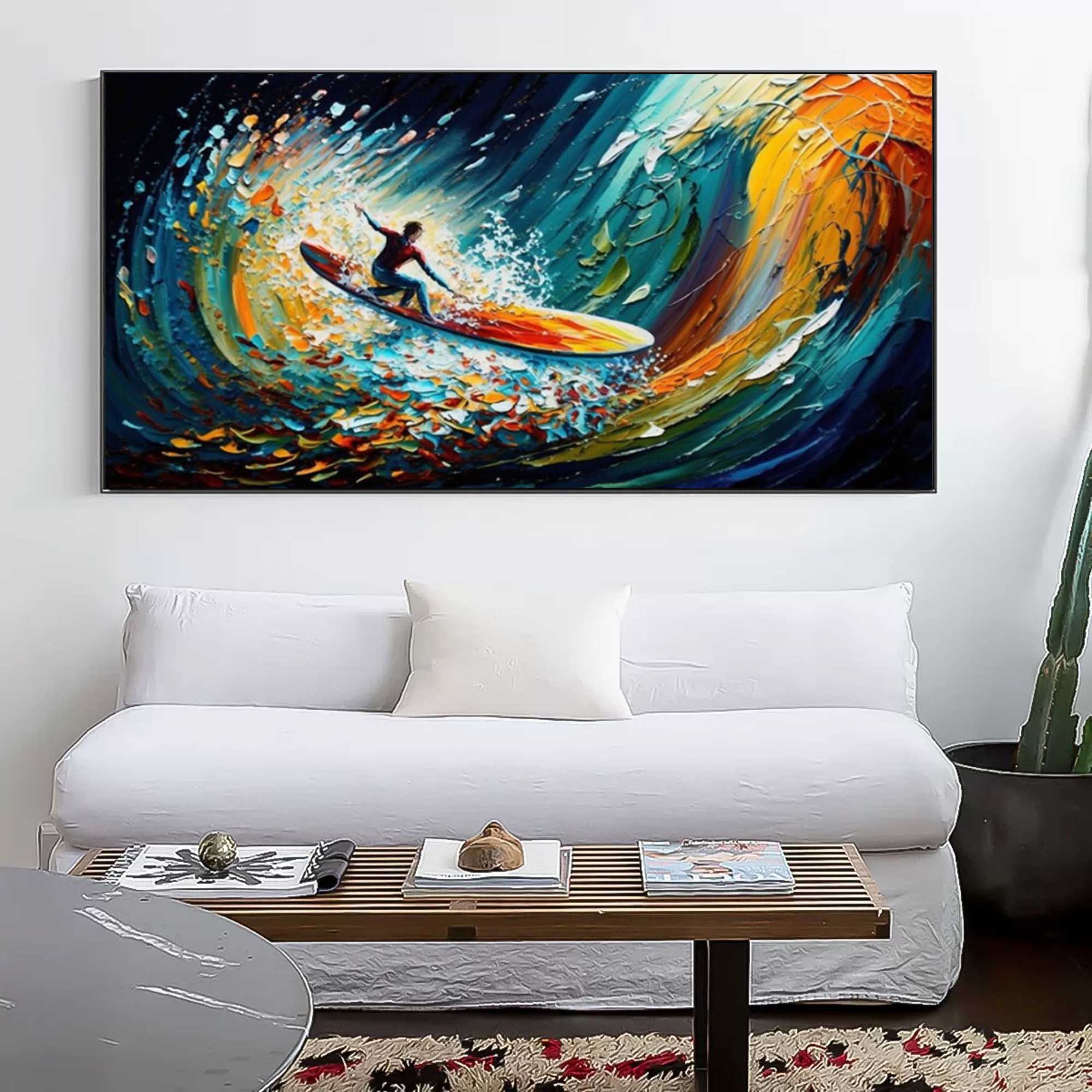 Riding the Wave - Dynamic Surfer Abstract Oil Painting for Modern Decor
