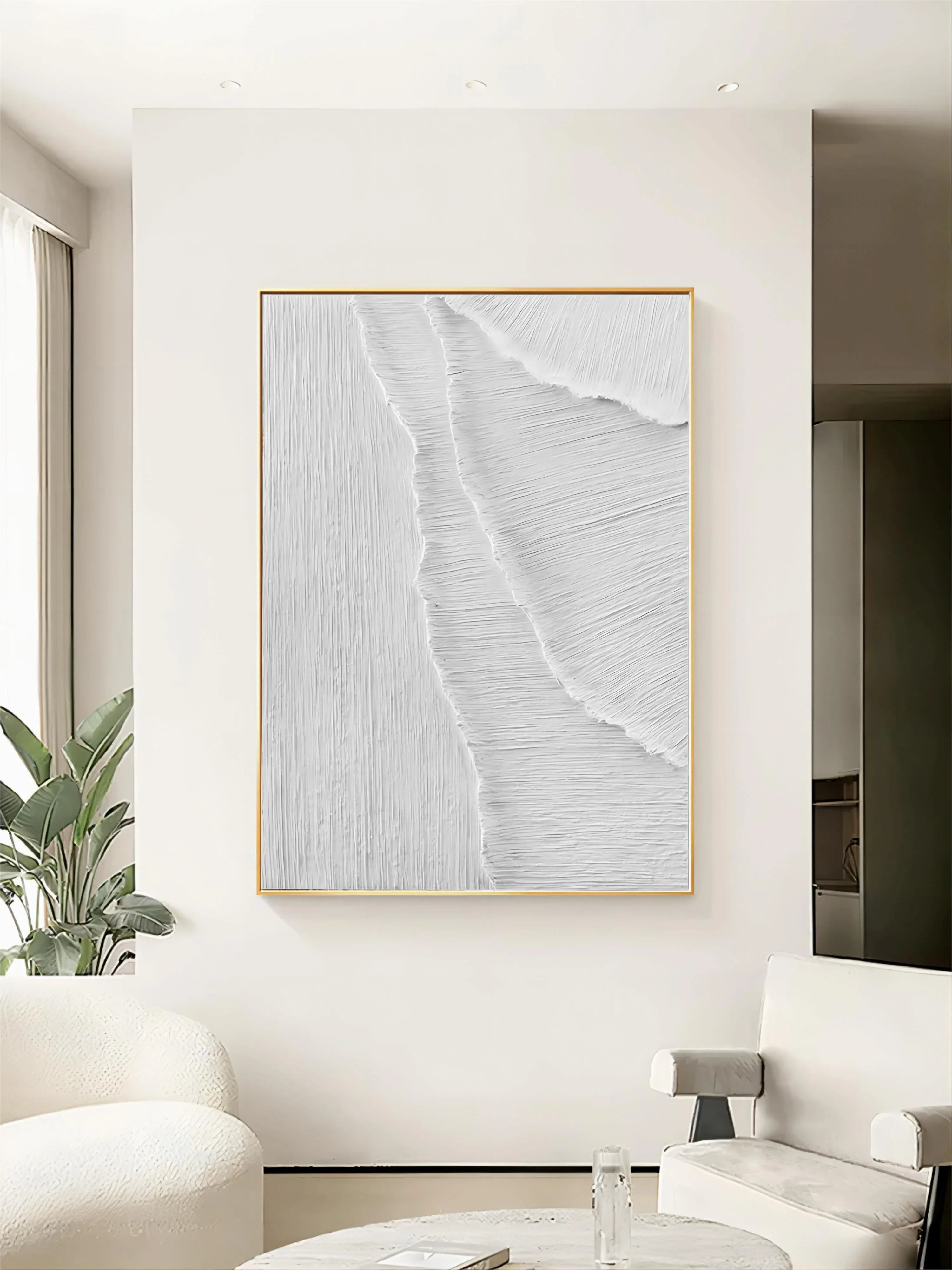 Minimalist Textured Layers-Minimalist Pure White Line Texture Wall Art - artextured