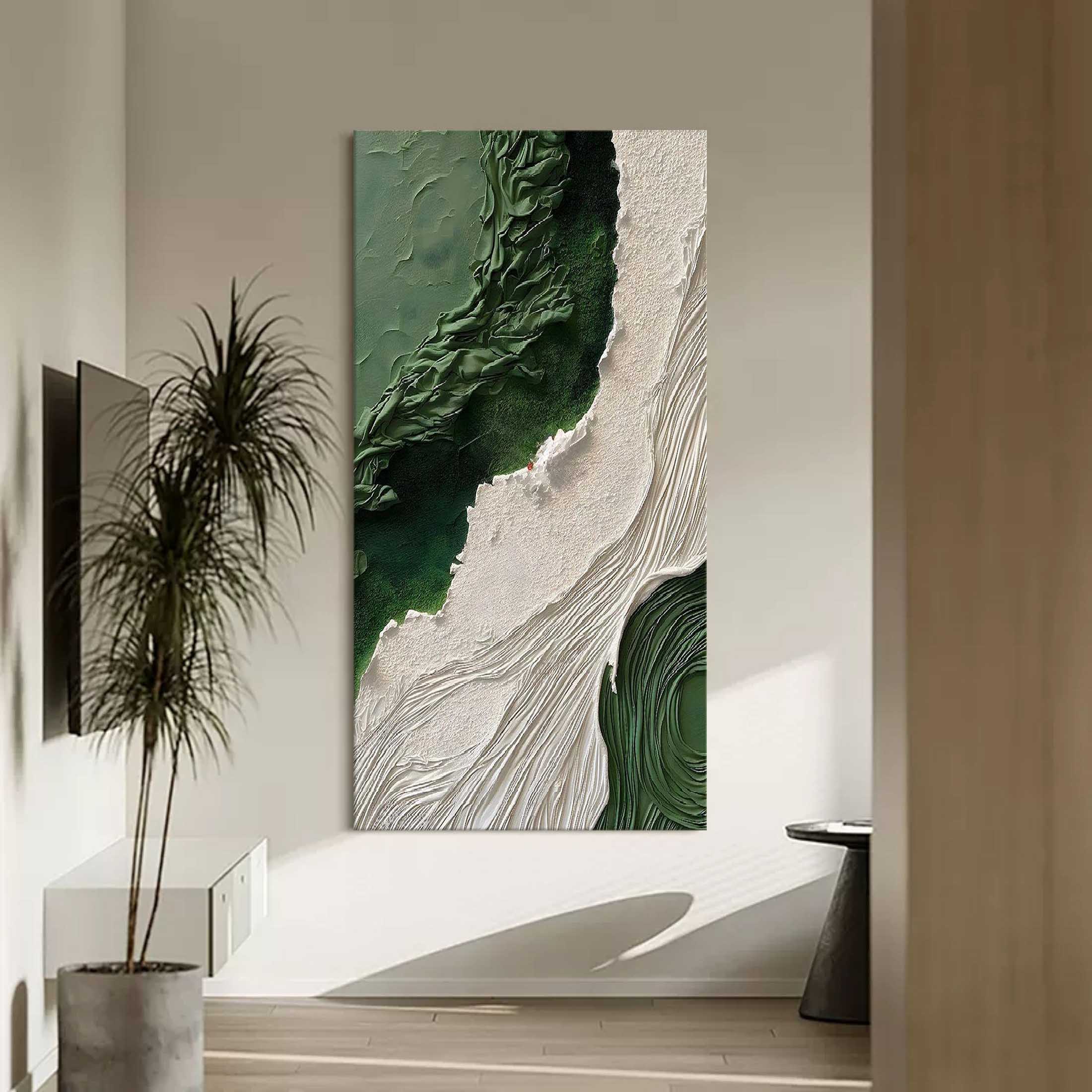 Emerald Tides Vertical Art-Modern Home Decoration 3D Green and White Minimalist Texture Wall Art