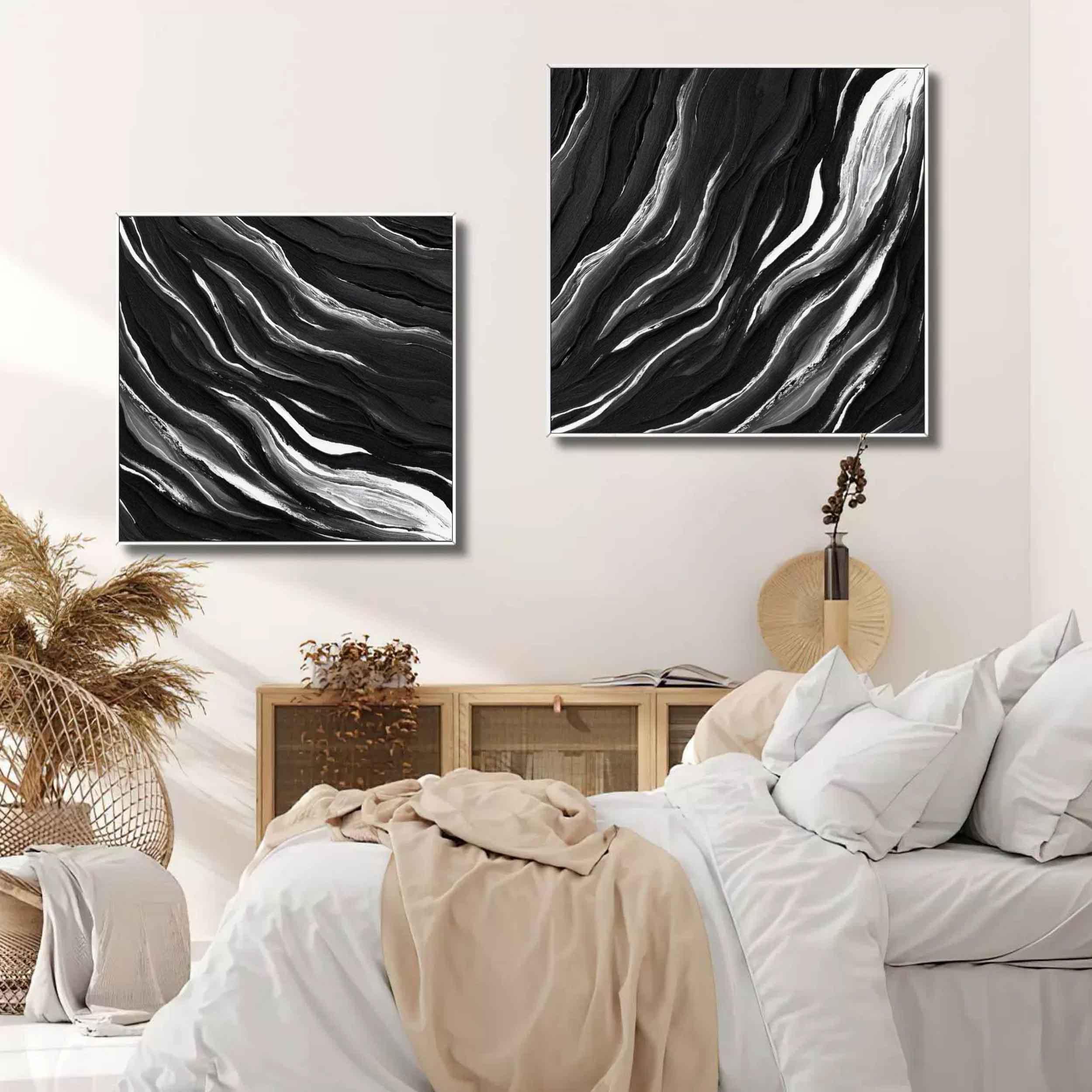 Monochrome Tides Diptych Set Of 2-Minimalist Hand Drawn Flowing Texture Abstract Wall Art - artextured