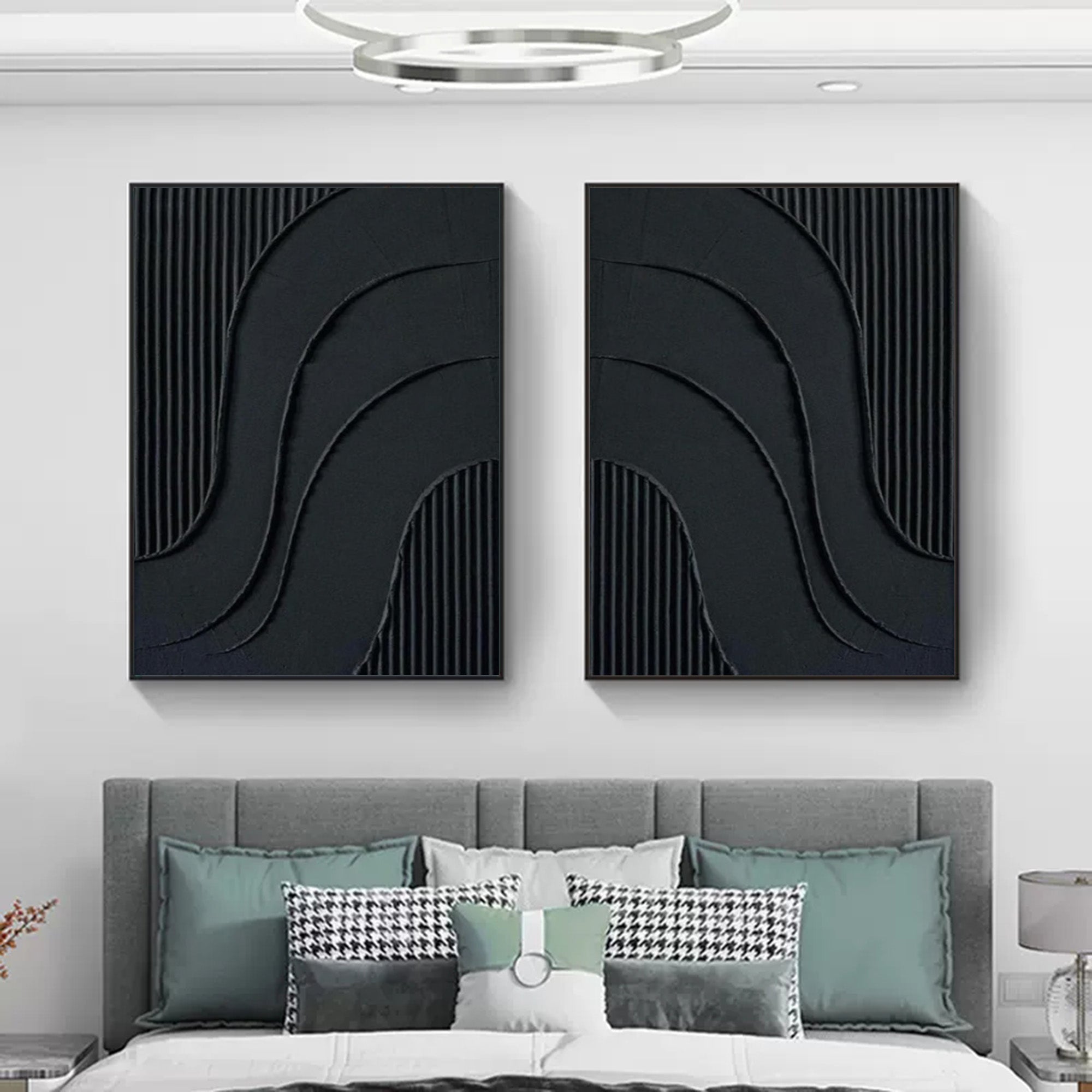 Noir Textured Diptych Art Set Of 2-Minimalist Pure Black Three-Dimensional Curved Abstract Wall Art