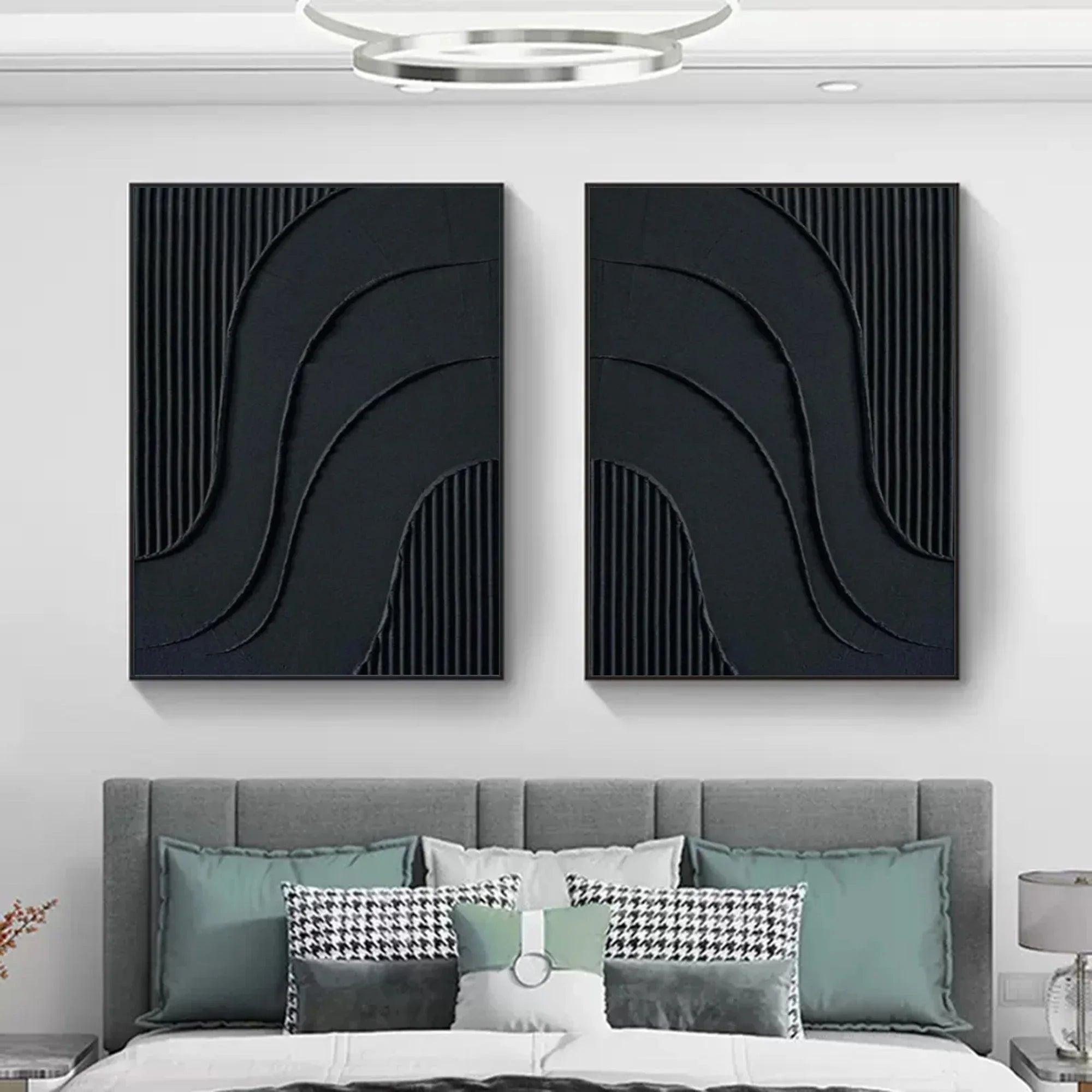 Noir Textured Diptych Art Set Of 2-Minimalist Pure Black Three-Dimensional Curved Abstract Wall Art - artextured