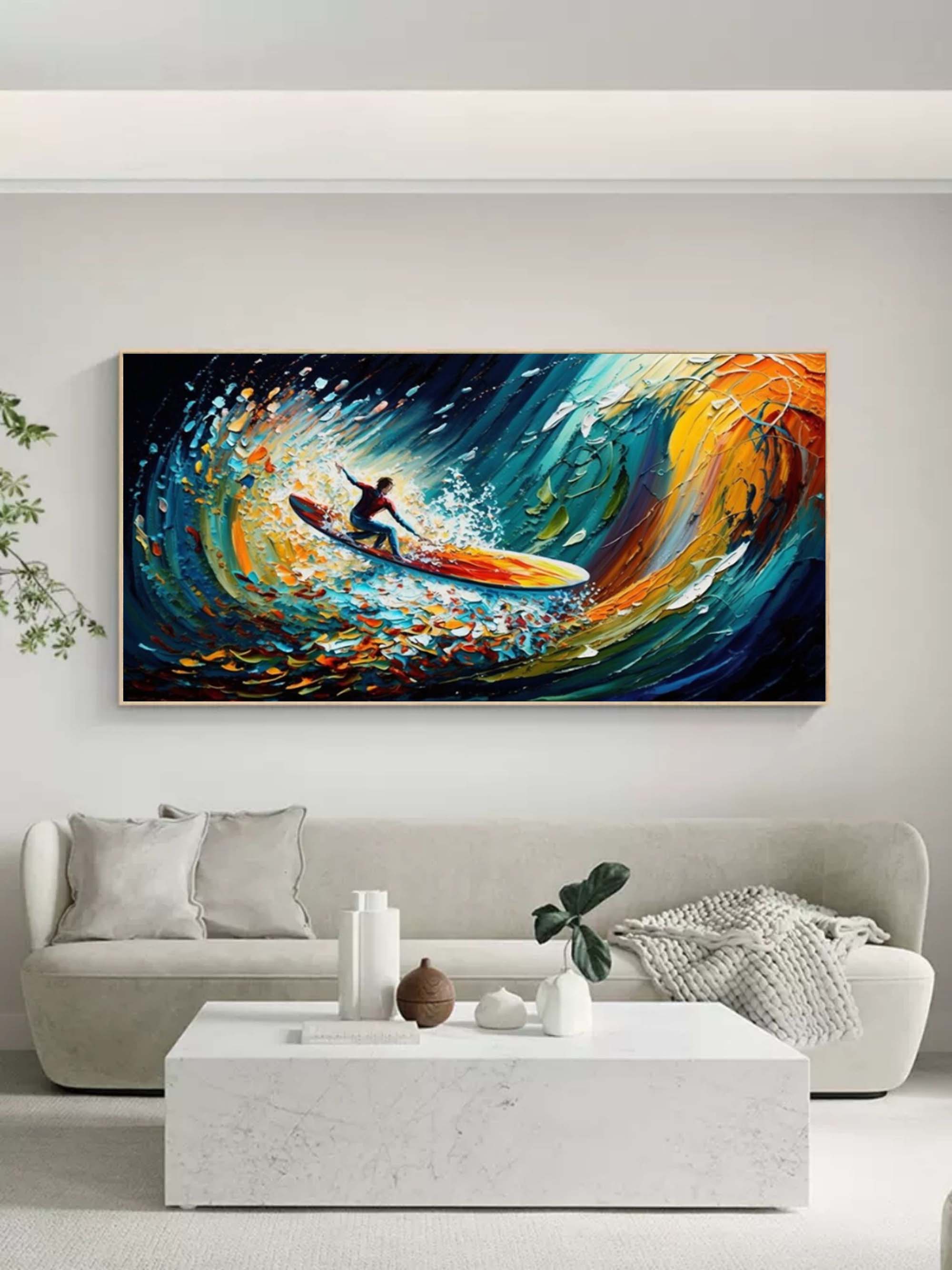 Riding the Wave - Dynamic Surfer Abstract Oil Painting for Modern Decor