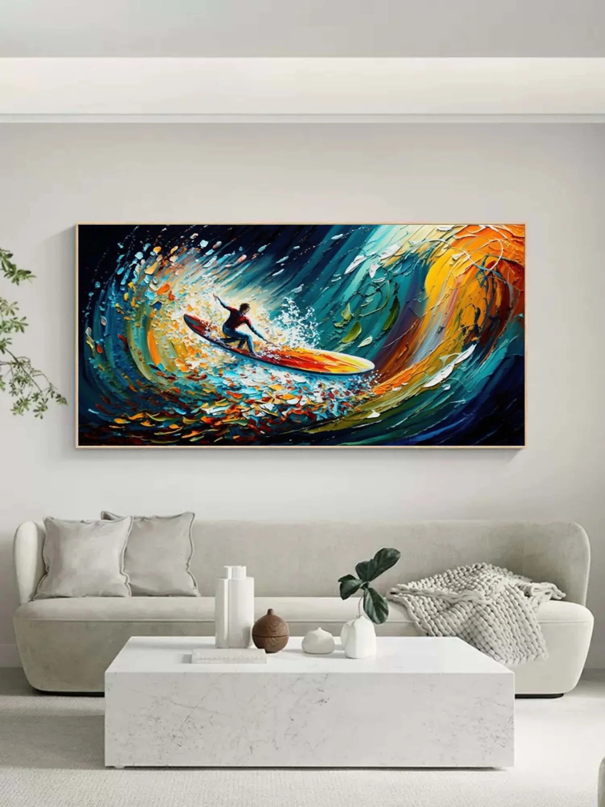 Riding the Wave - Dynamic Surfer Abstract Oil Painting for Modern Decor - artextured