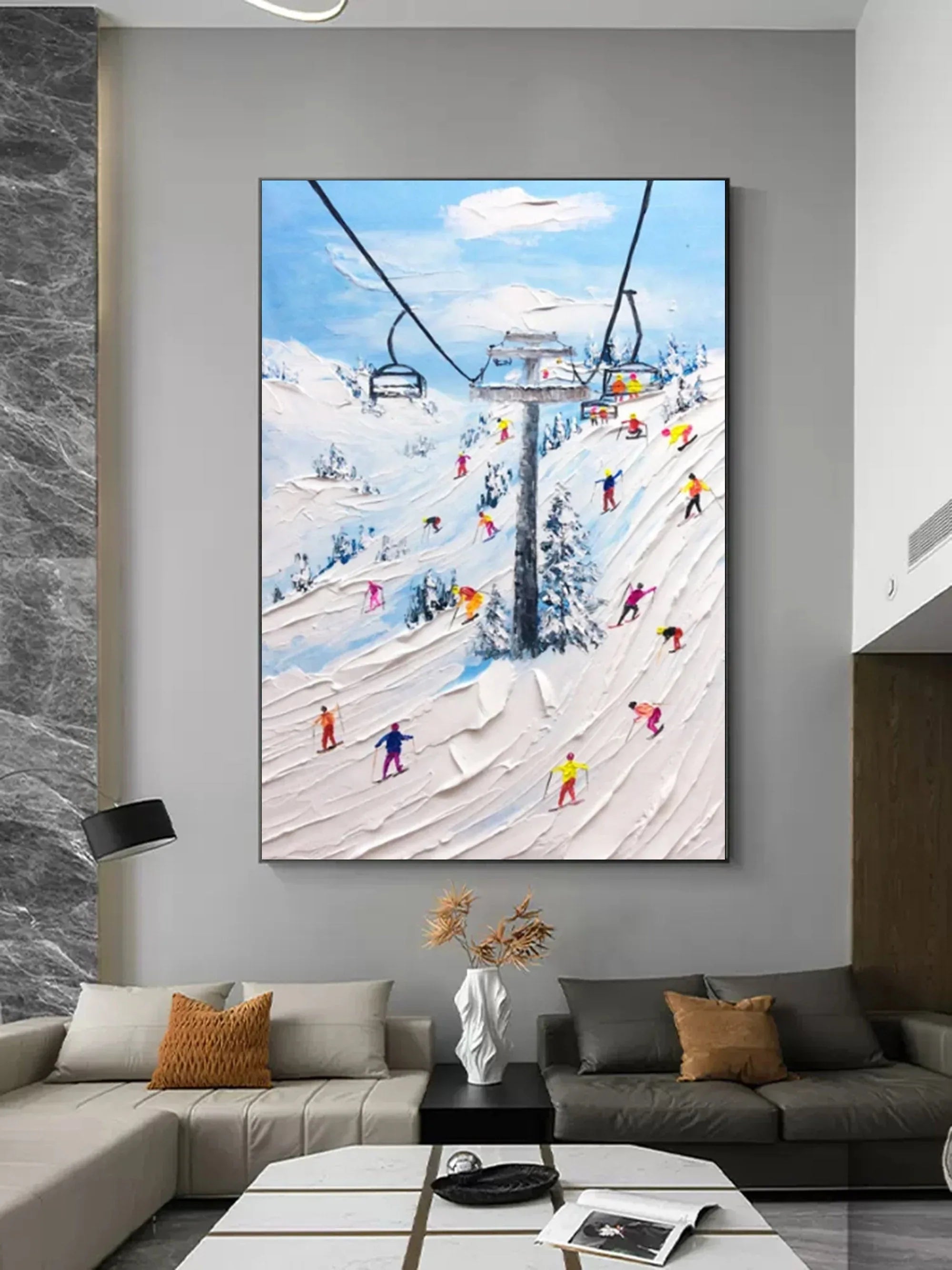 Alpine Adventure-Hand Drawn Thick Coated Ski Texture Oil Painting Wall Art - artextured