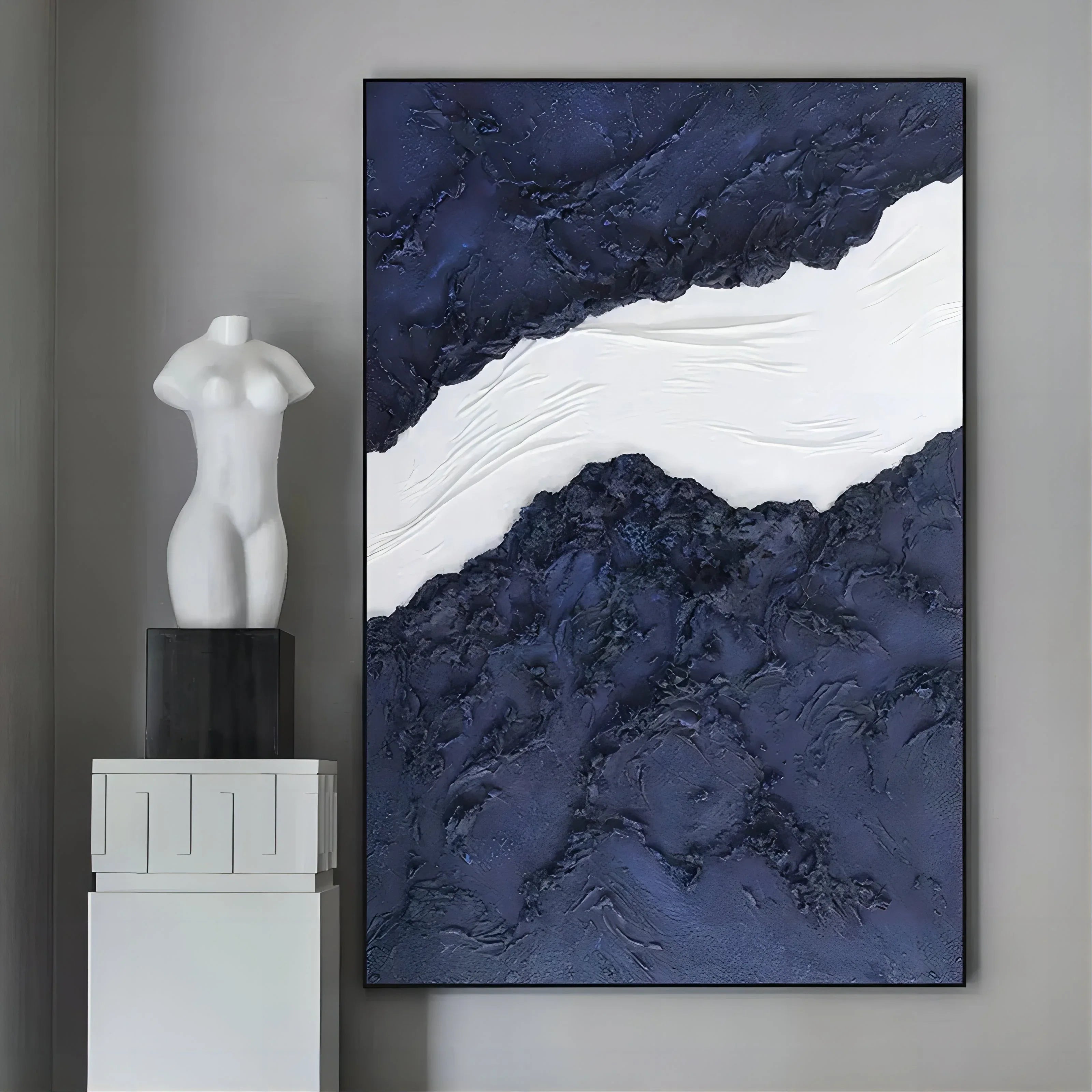 Indigo Divide-Modern Minimalist Blue and White Layered Texture Abstract Wall Art - artextured