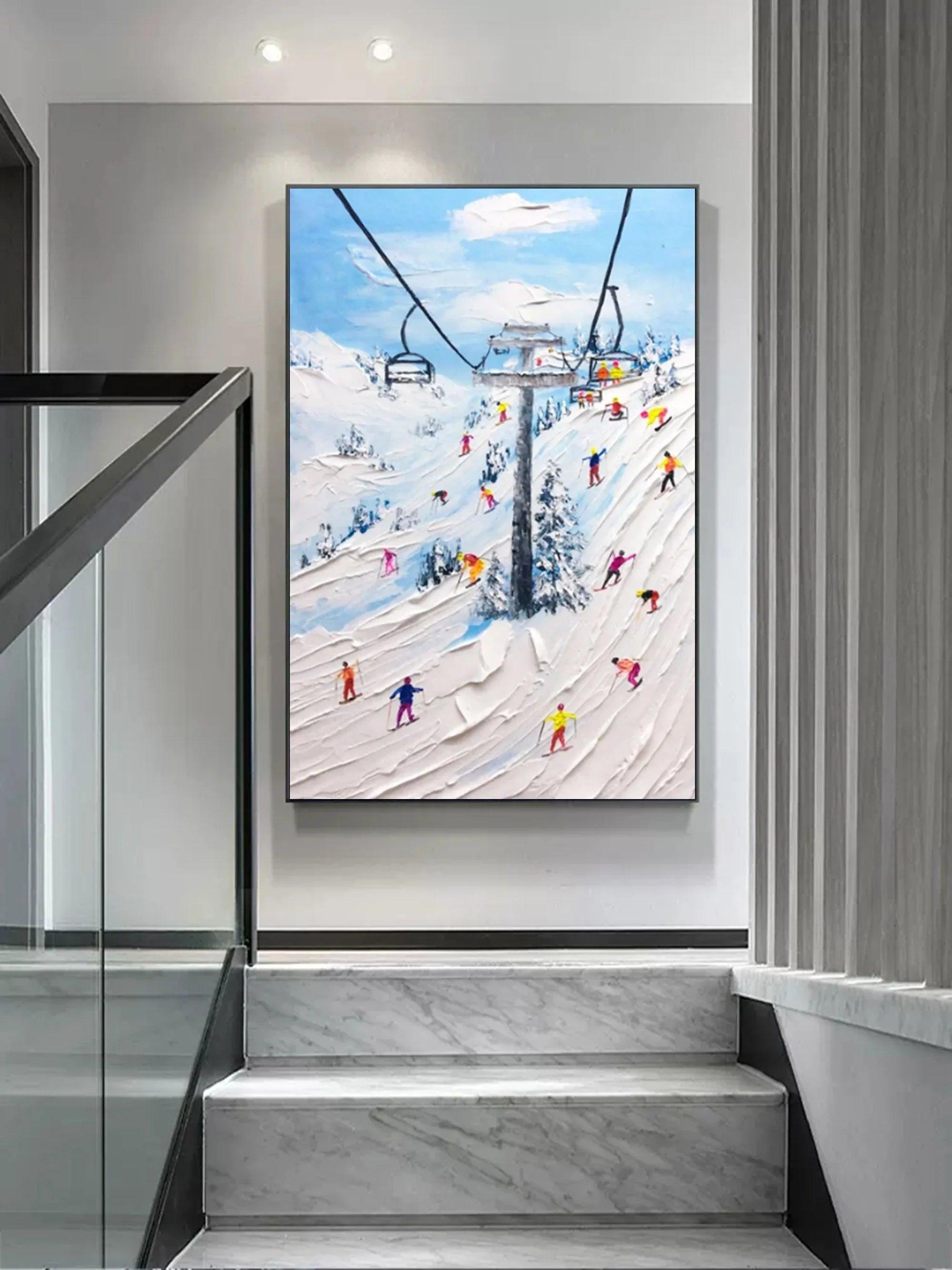 Alpine Adventure-Hand Drawn Thick Coated Ski Texture Oil Painting Wall Art - artextured