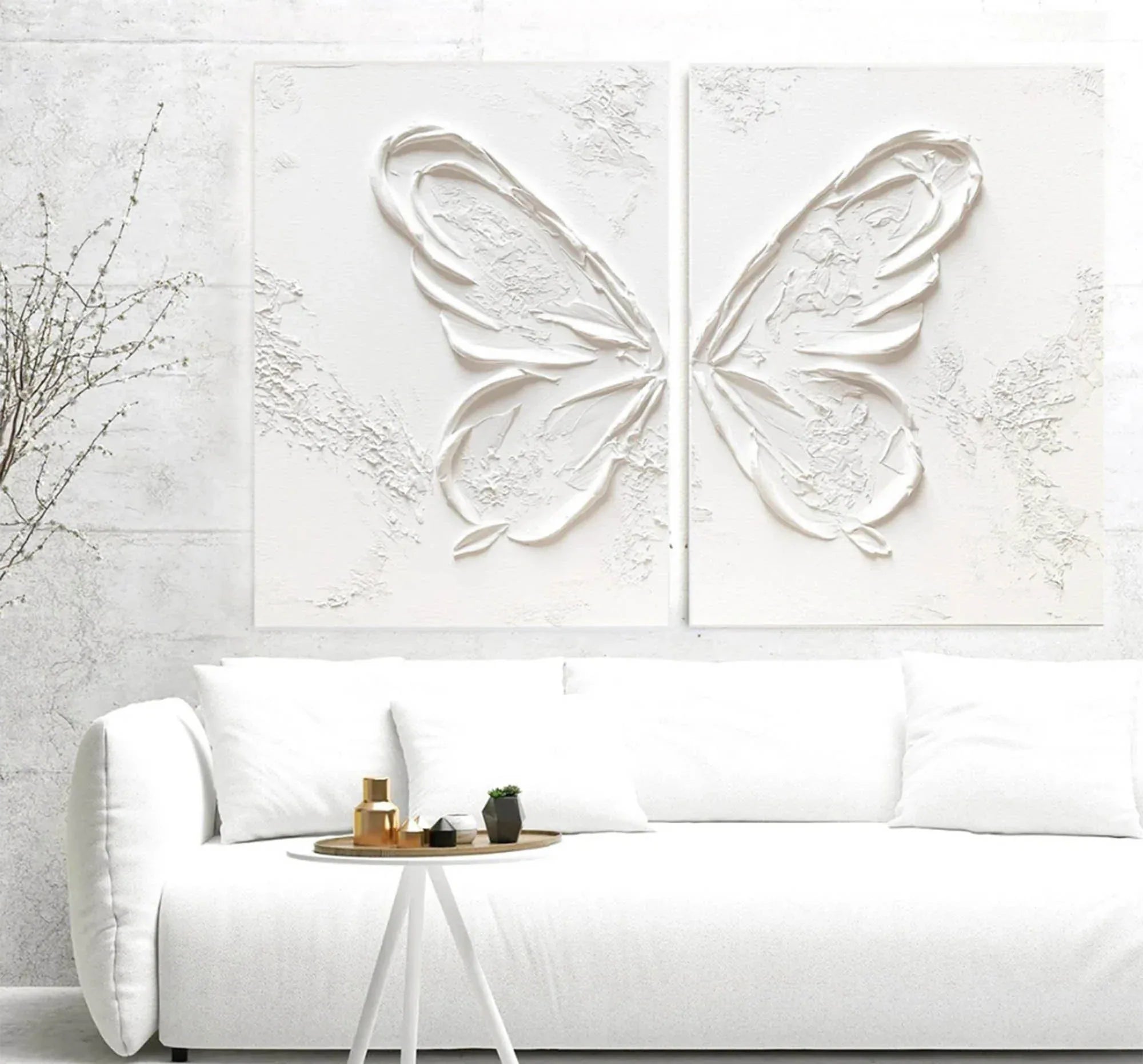 Ethereal Butterfly Diptych Set Of 2-Symmetrical Pure White Three-Dimensional Butterfly Minimalist Abstract Wall Art - artextured
