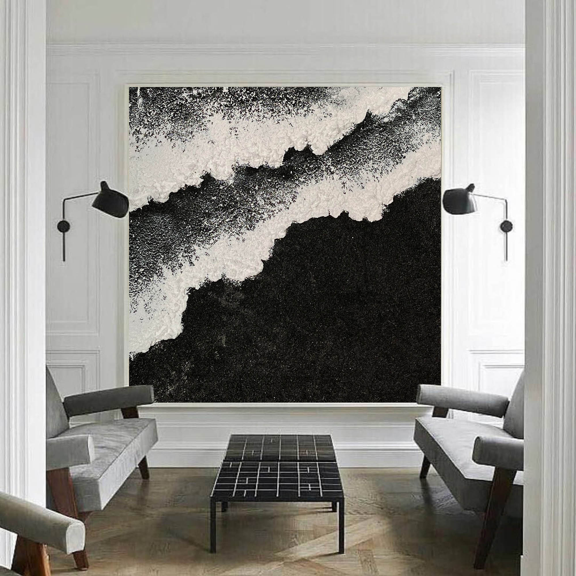 Abstract Black and White Ocean Wave Textured Canvas Art
