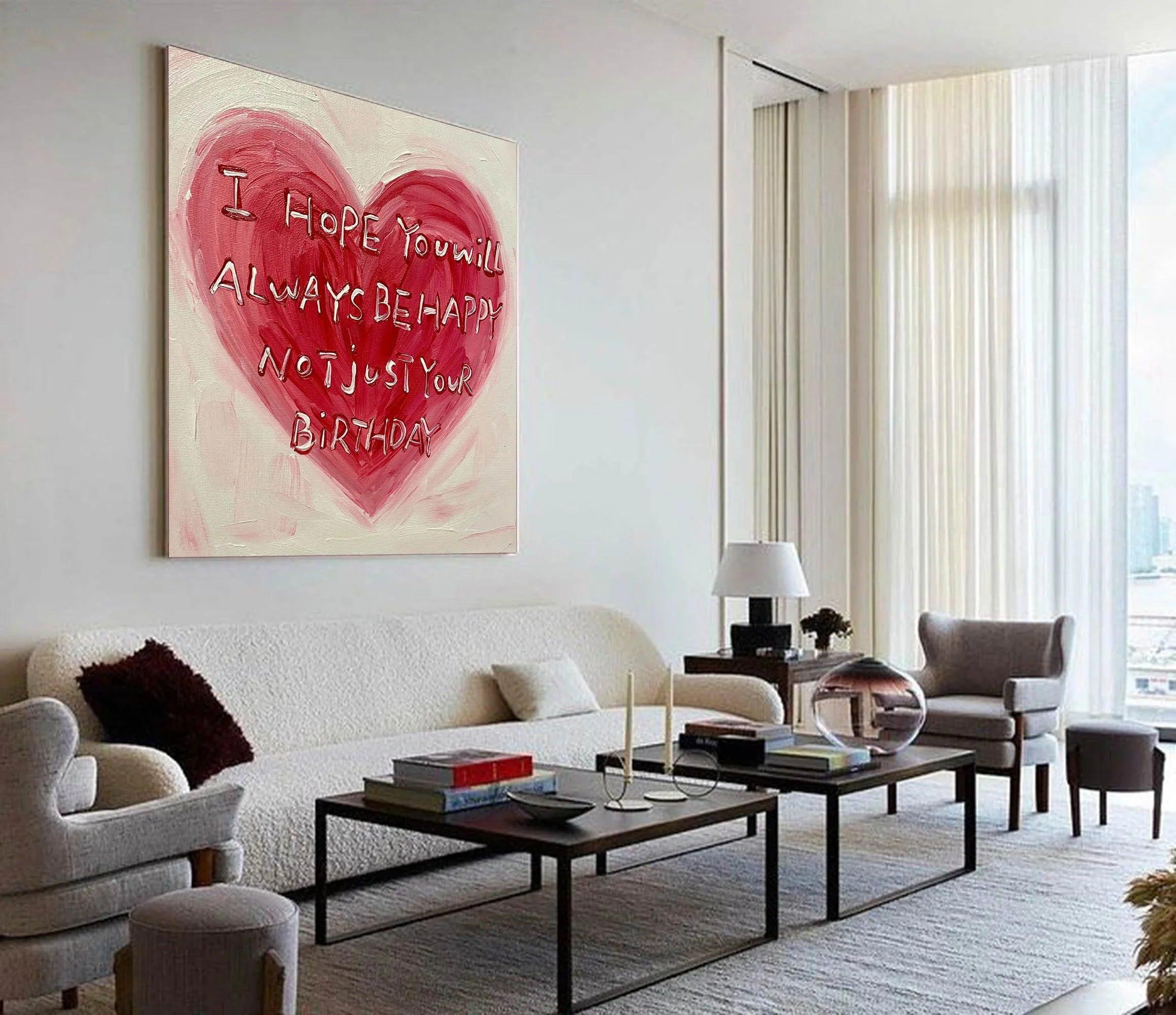 Heartfelt Red Abstract Oil Painting – Inspirational Birthday Text Art - artextured